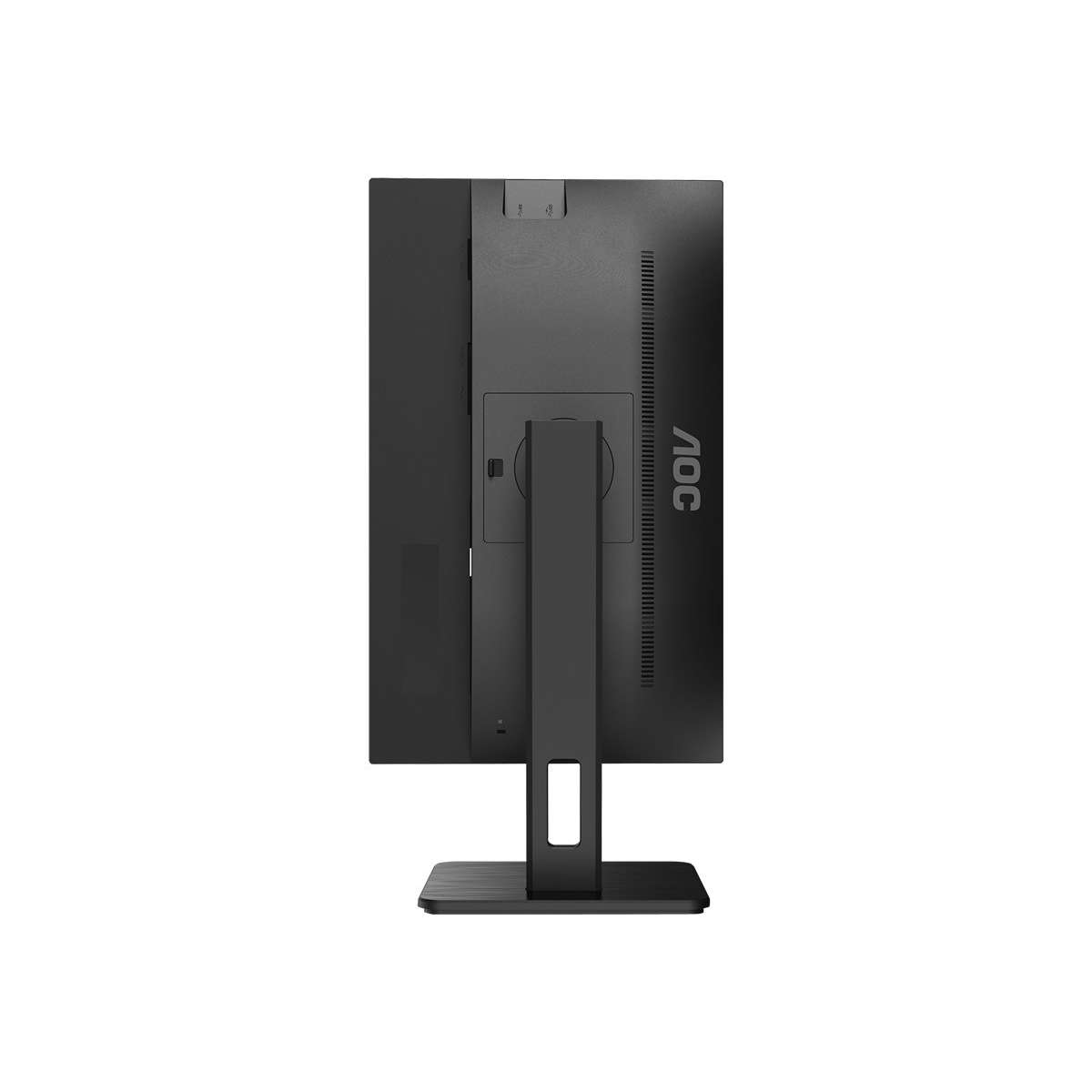 Monitor de ordenador negro. Vista trasera. Logotipo AOC plateado. Soporte negro. Fondo blanco.