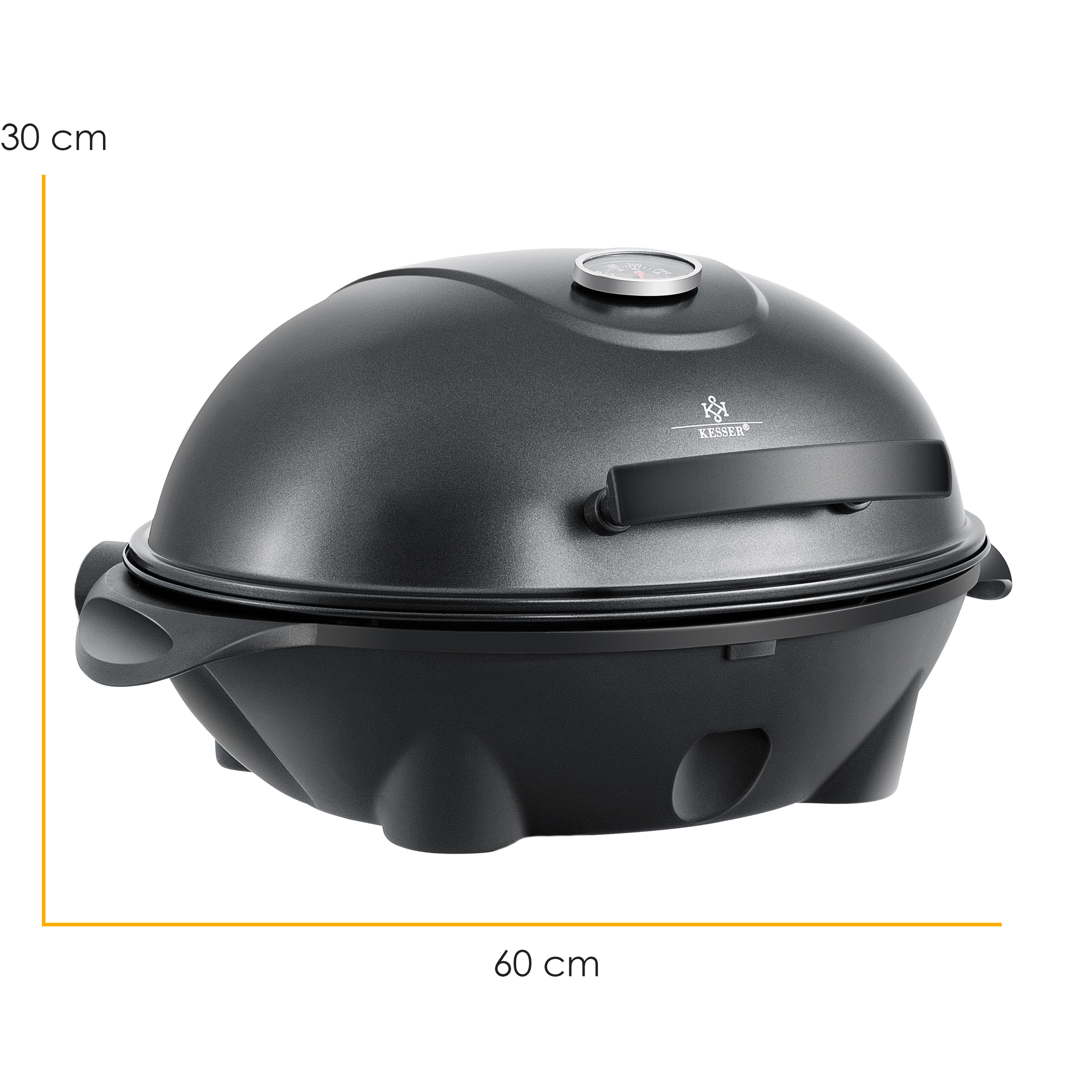 Schwarzer runder Grill mit den Maßen: 30 cm hoch und 60 cm breit, isoliert auf Weiß.