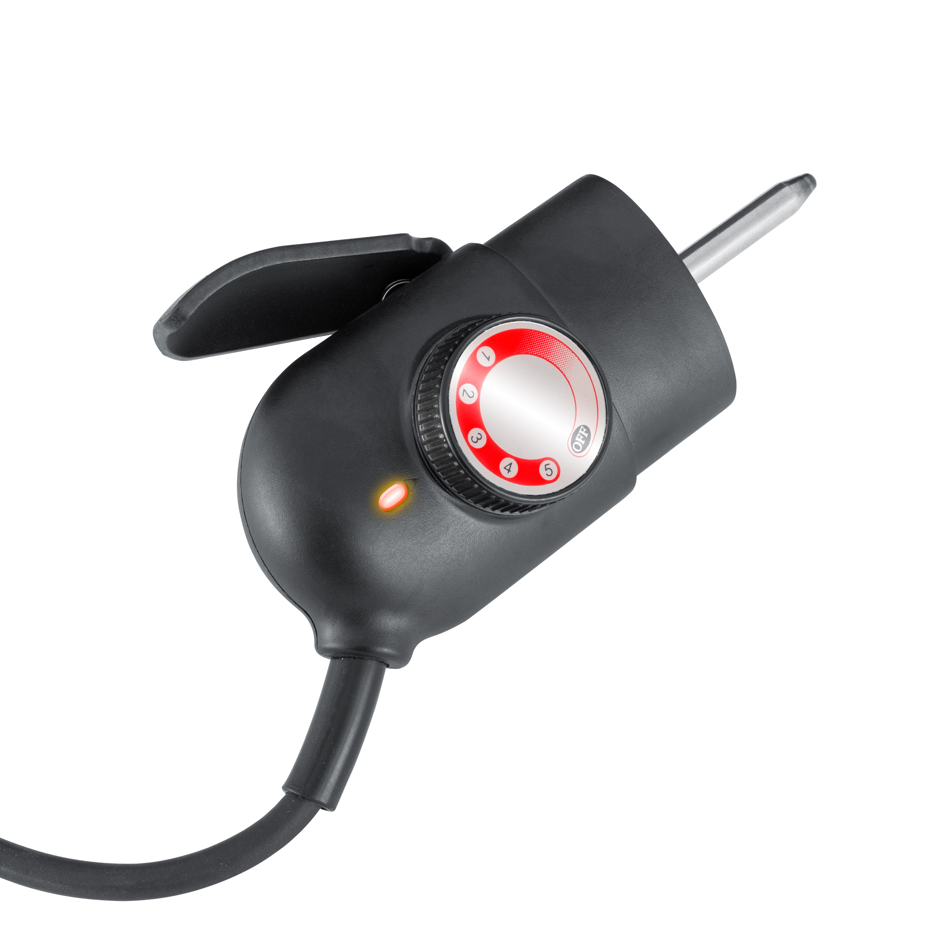 Control de cable de alimentación negro con un indicador rojo y un dial numerado 1-5 y apagado.