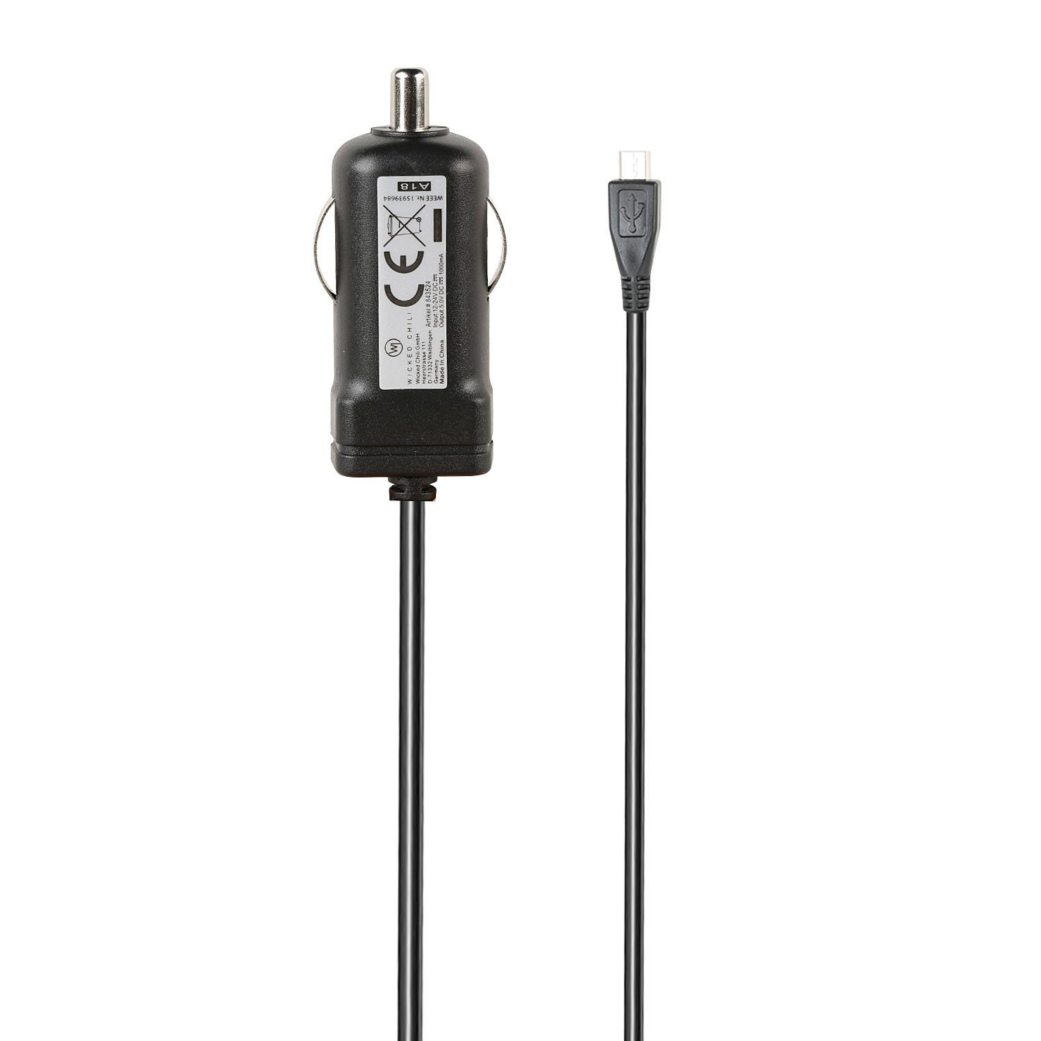 Ein schwarzes Autoladegerät mit USB-Kabel auf weißem Hintergrund.