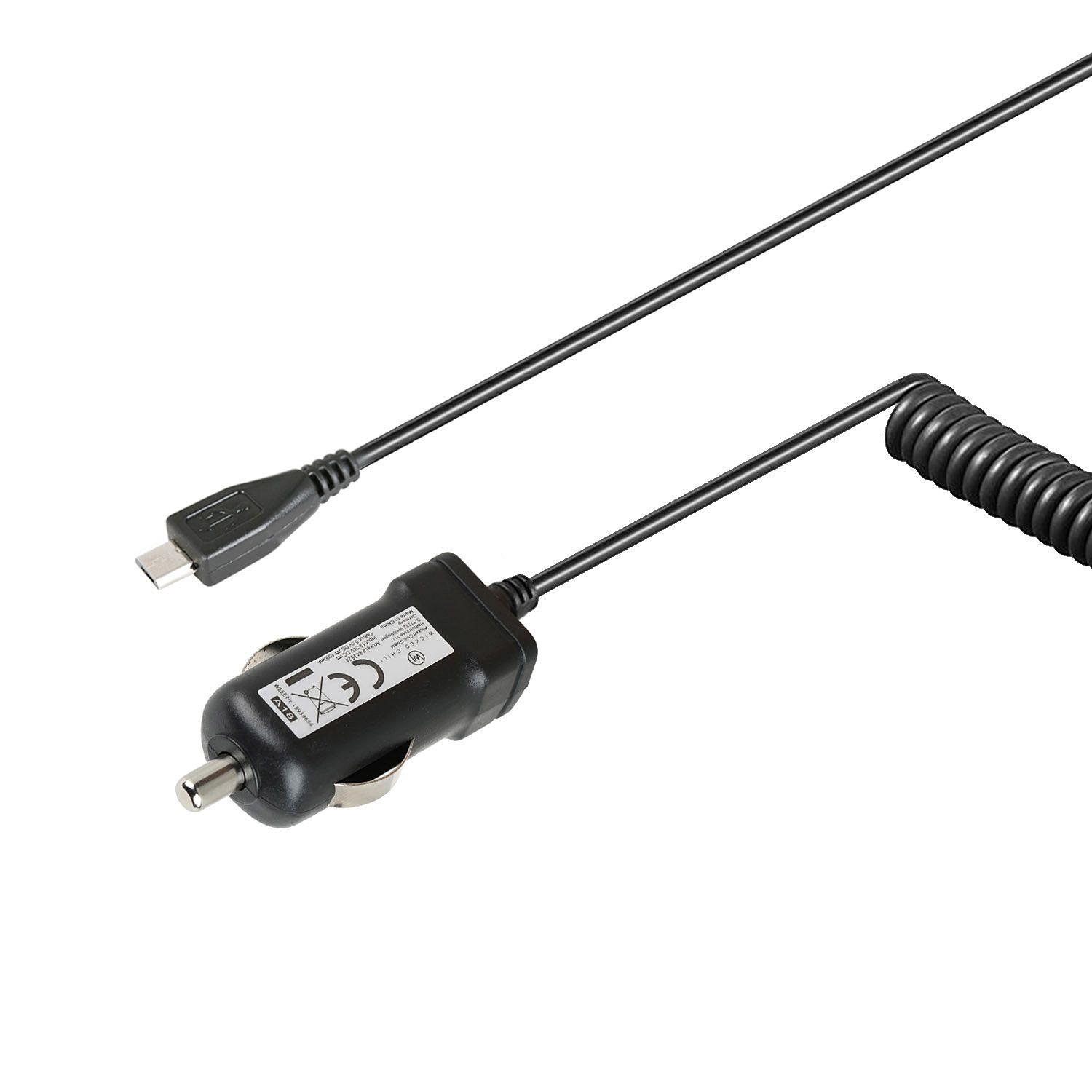 Ein schwarzes Ladekabel mit USB- und Auto-Adapter.