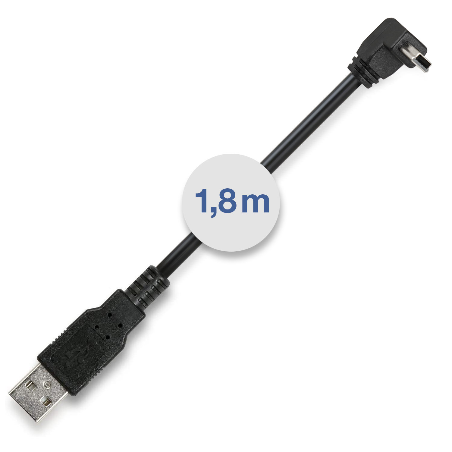 Ein schwarzes USB-Kabel mit einem 90-Grad-Winkelstecker und einem USB-Stecker, mit 1,8 m-Etikett.