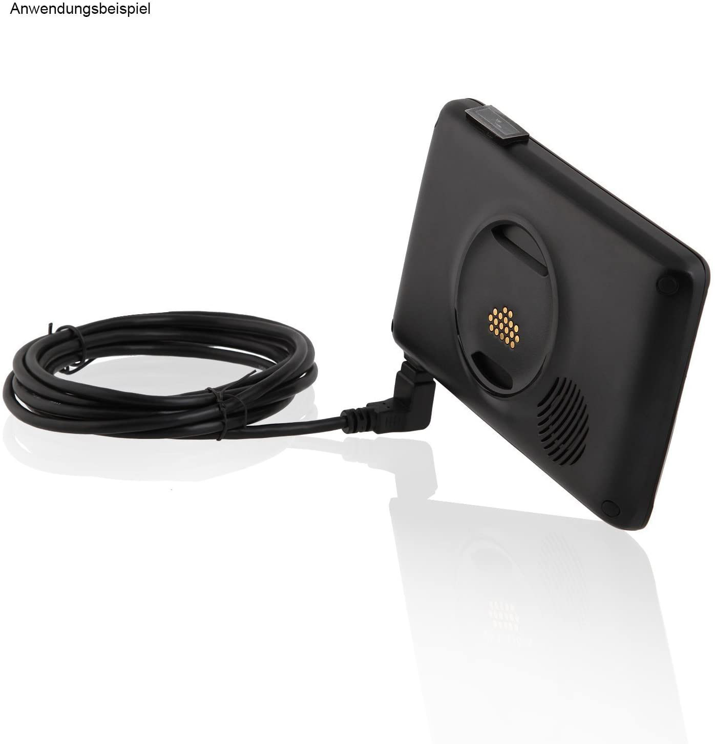 Ein schwarzes Gerät mit Kabel. Es ist abgewinkelt und zeigt die Rückseite mit einem kreisförmigen Anschluss.