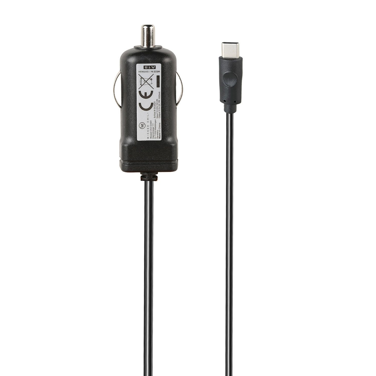 WICKED CHILI USB-C Schnelladegerät LED XL Autoladegerät / schwarz Samsung, uvm, 2400mA / Hauwei, KFZ mi Xiaomi Handy 150 cm für Ladekabel