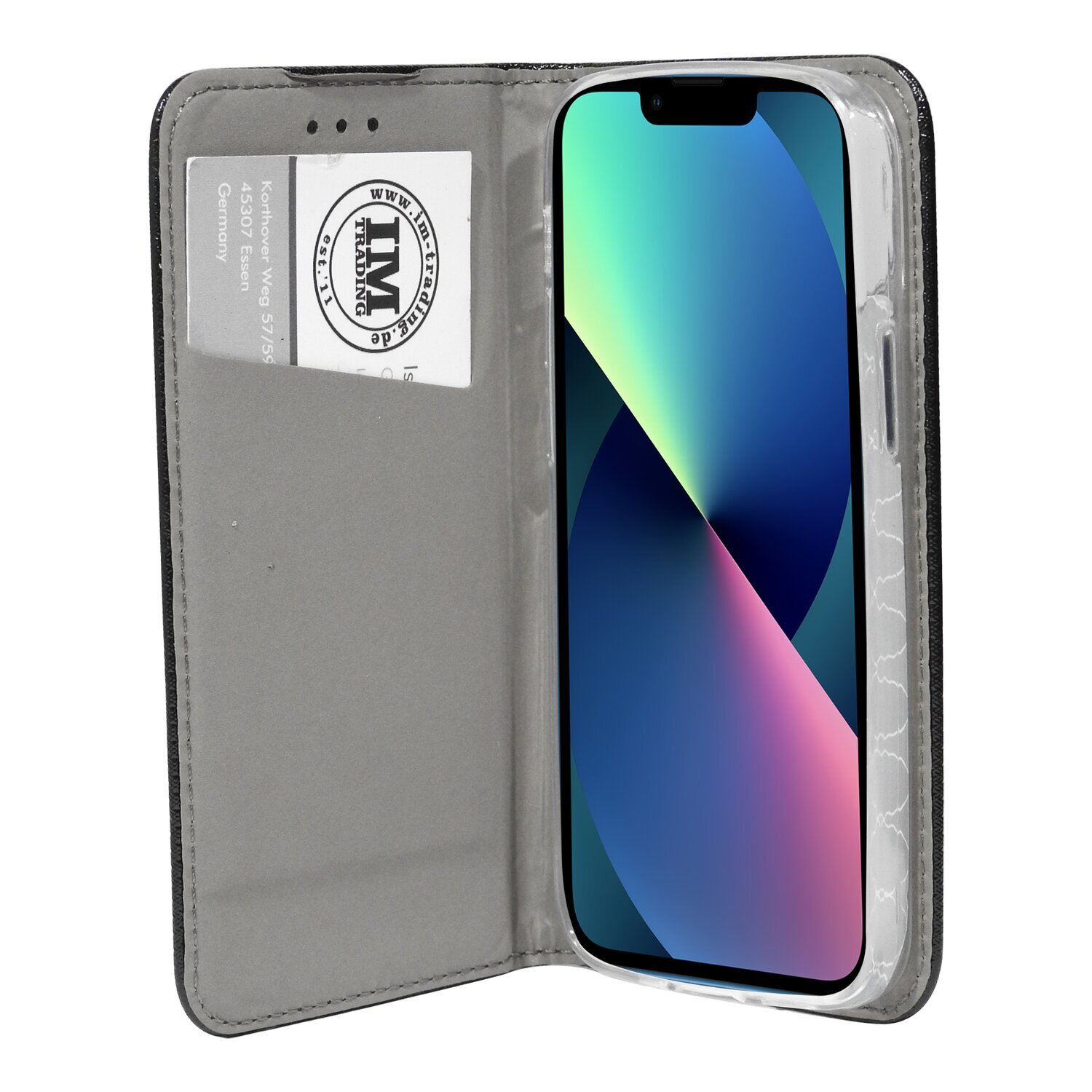 Geöffnete schwarze Handyhülle mit Telefon, Karte und weißem Innenraum.