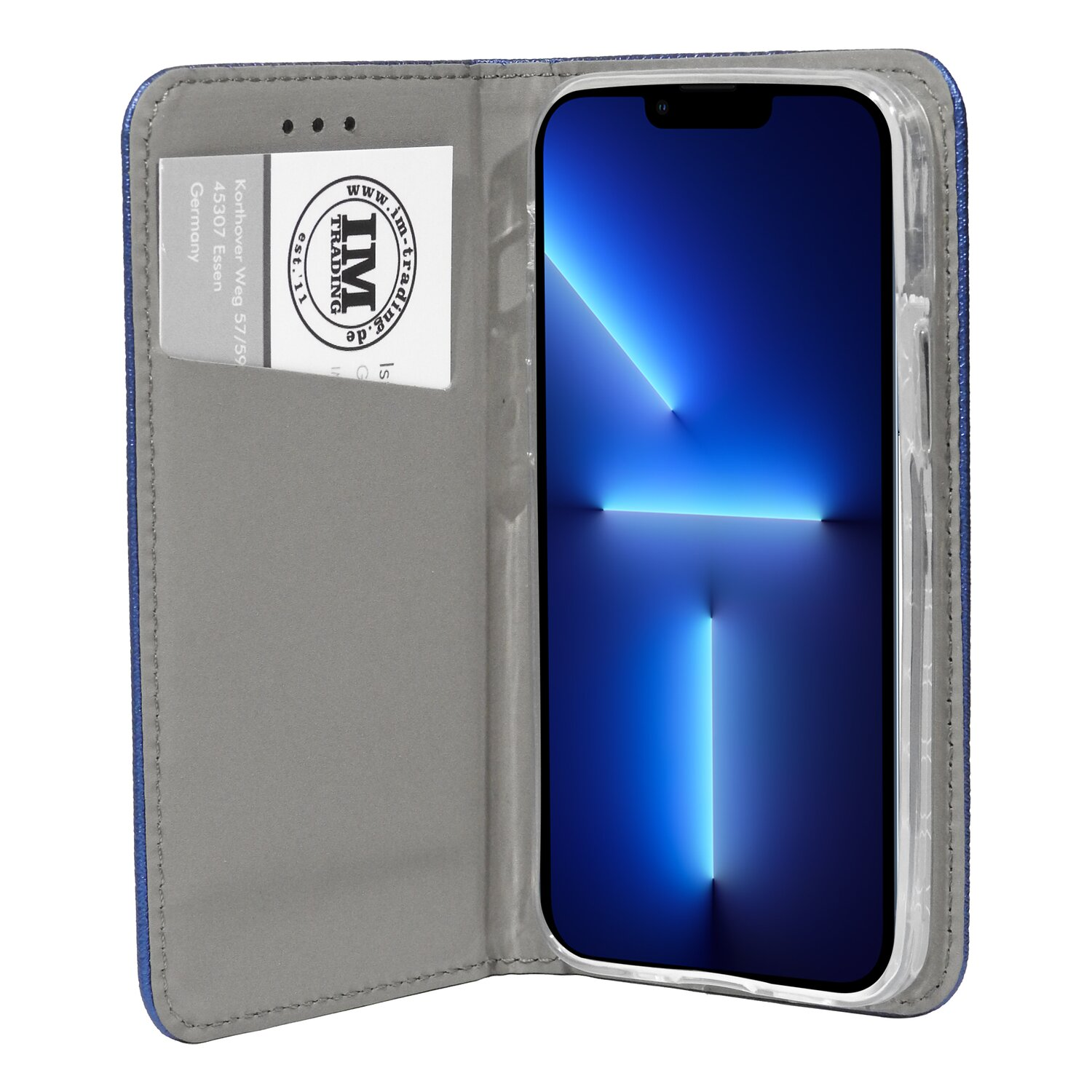 Custodia blu per telefono con telefono all'interno, carta nello slot e esterno in tessuto blu.