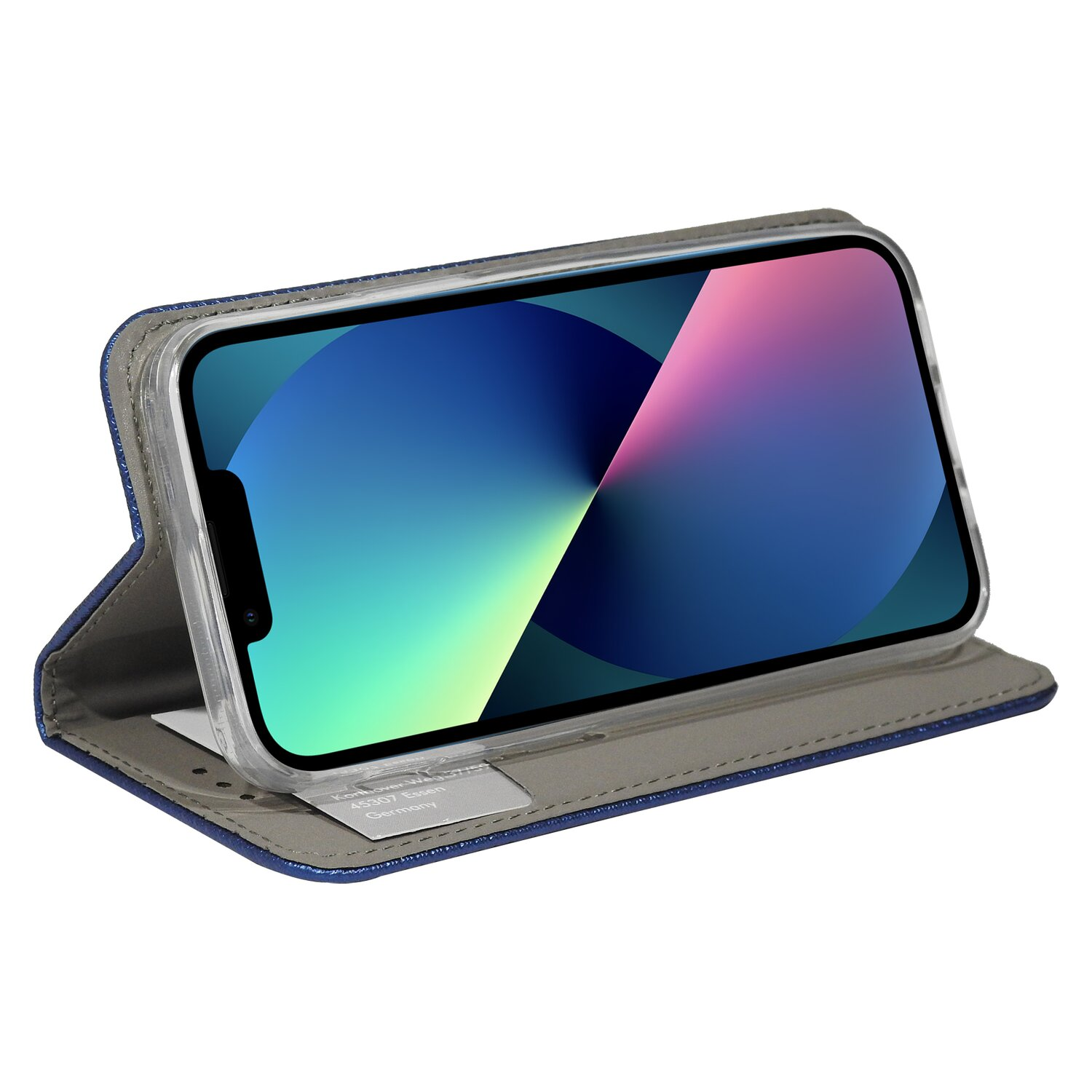 Blaue Handyhülle mit Bildschirm, der einen bunten Farbverlauf zeigt. Das Telefon befindet sich in einer Hülle im Folio-Stil.