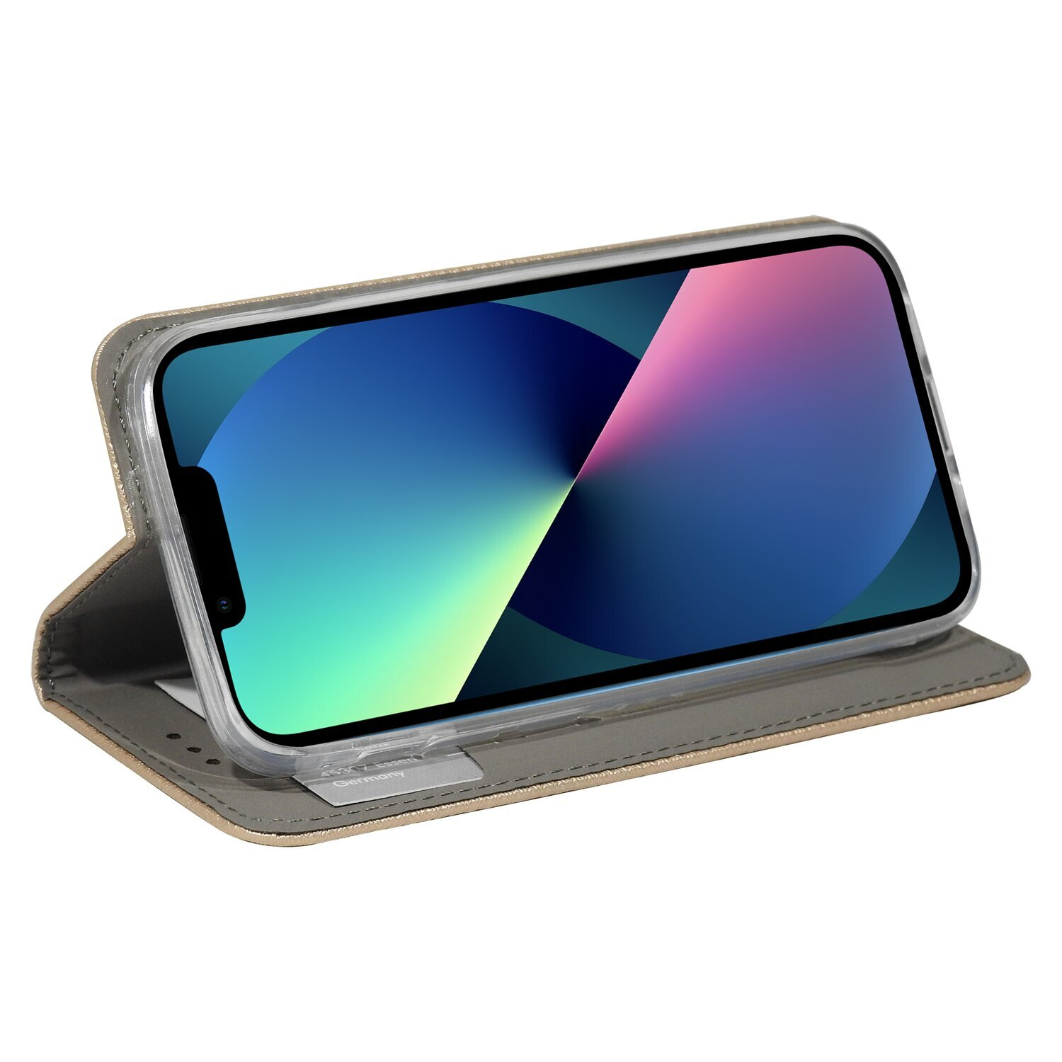 Telefon in einem goldenen Case, geöffnet auf weißer Oberfläche.