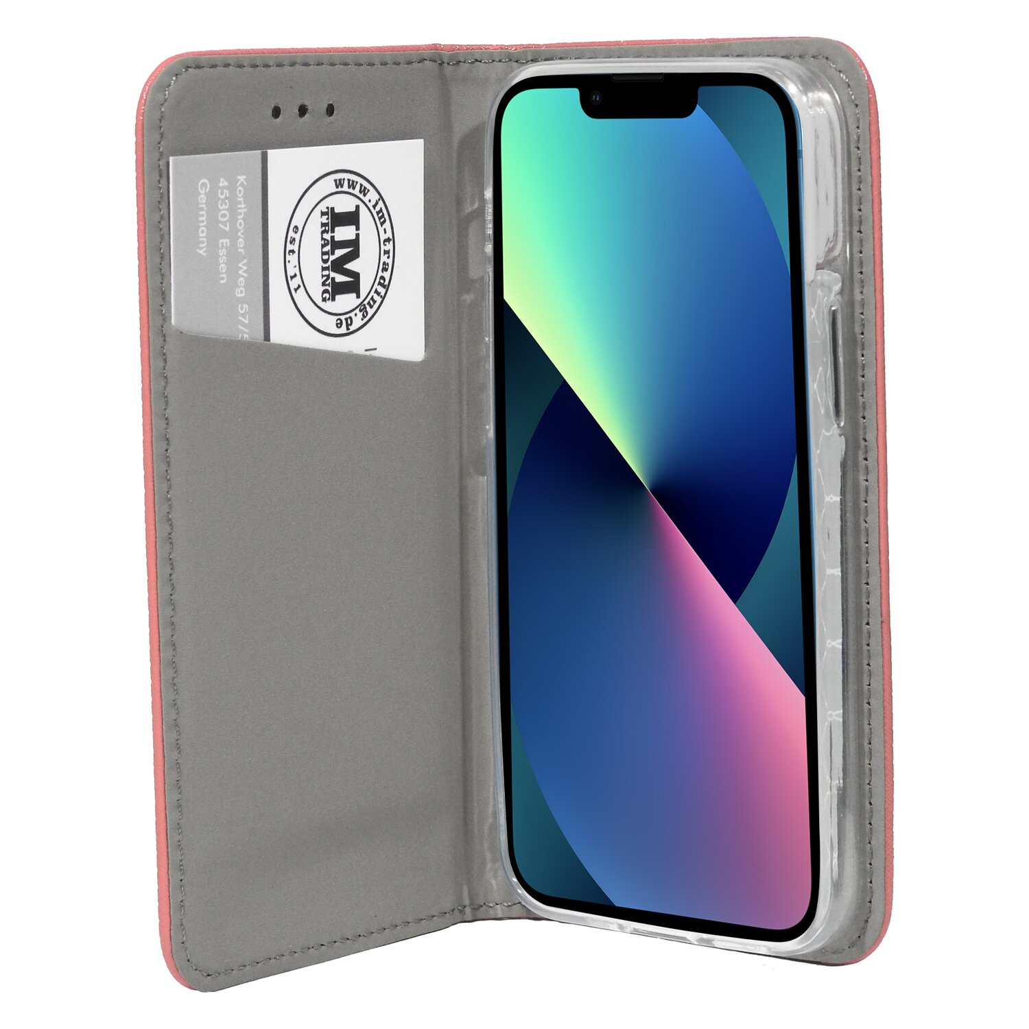 Eine offene rosa Handyhülle mit einer Karte und einem Telefon darin, das ein buntes abstraktes Hintergrundbild anzeigt.
