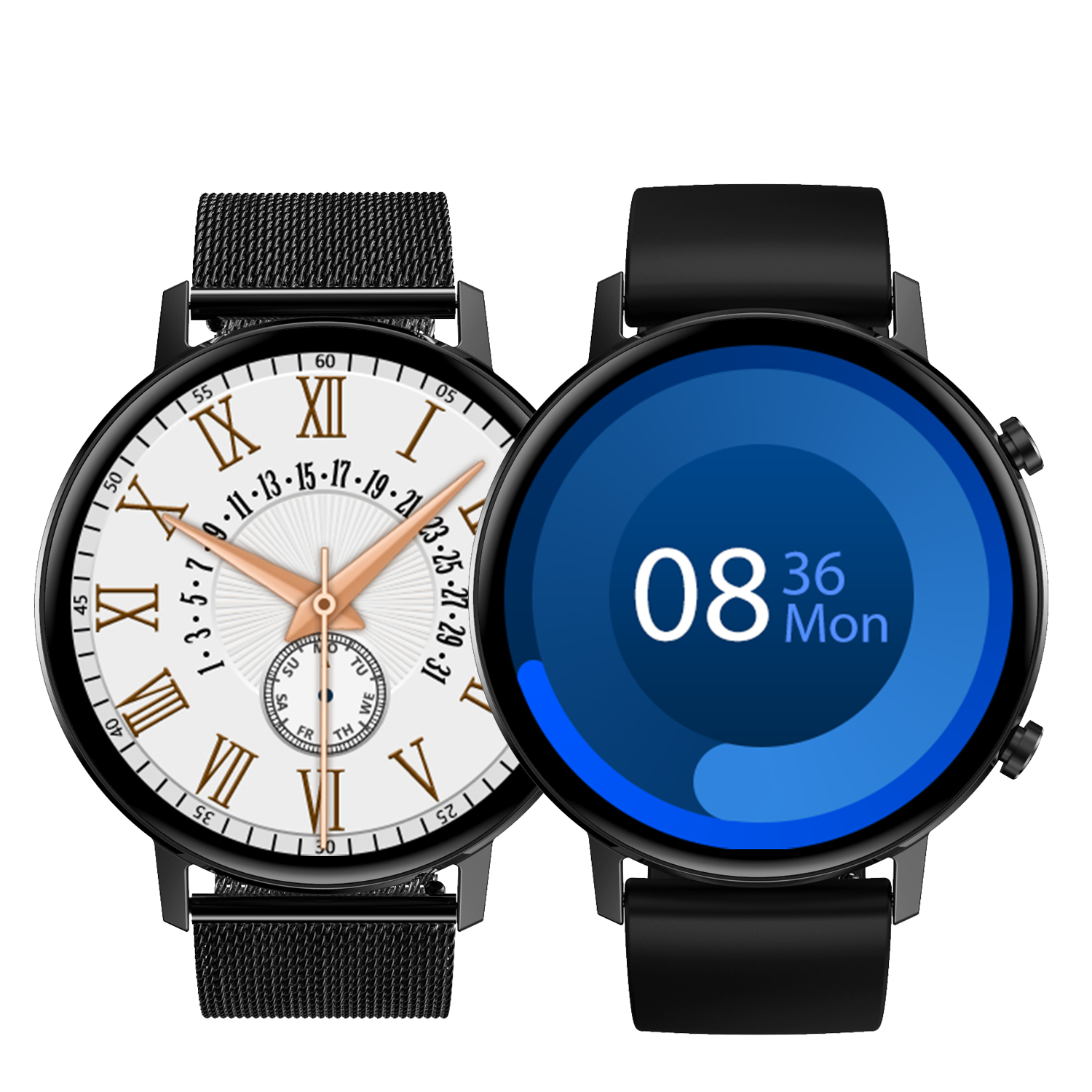 LEVOWATCH F-Series Smartwatch Aluminium-Rand + Silikon Schwarz Edelstahlarmband