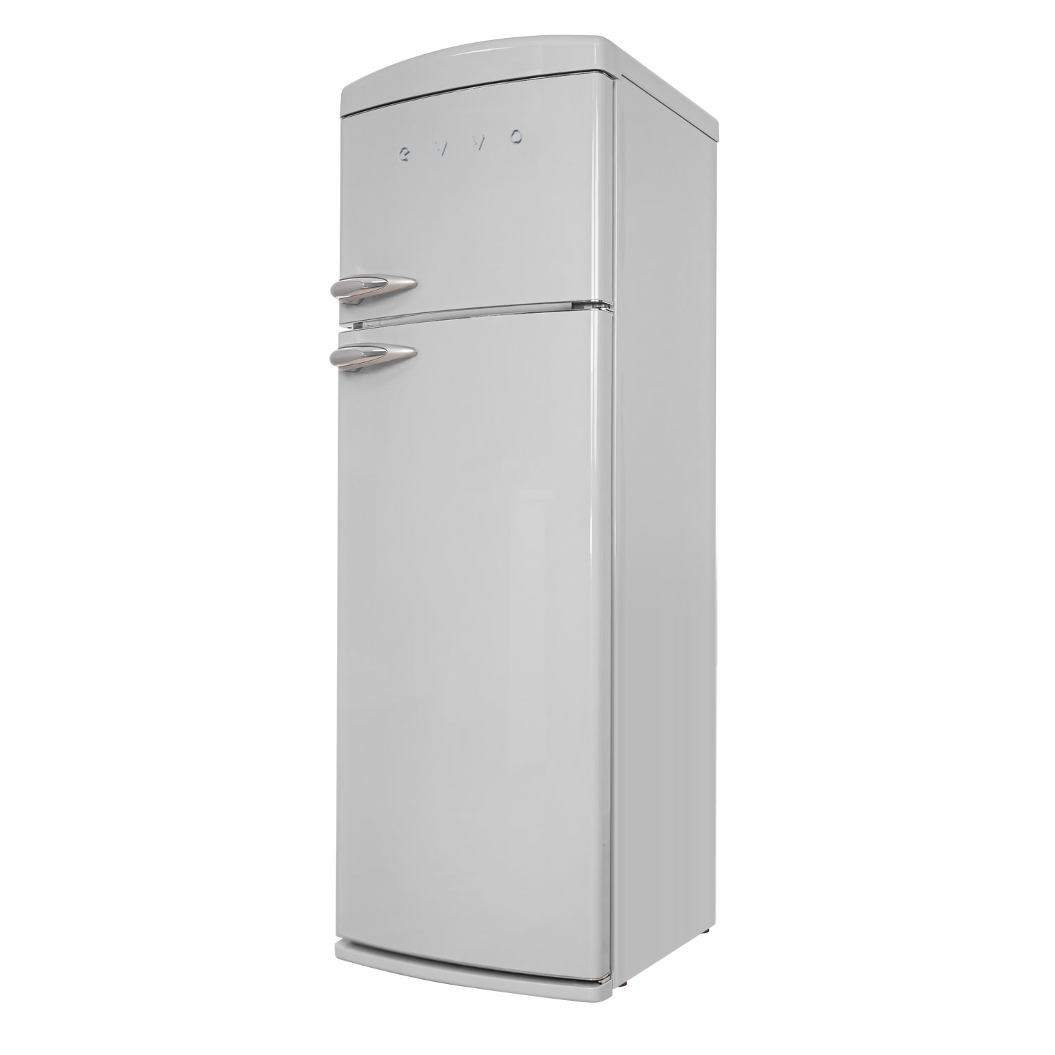 Refrigerador blanco de diseño vintage sobre fondo blanco. La puerta está cerrada.