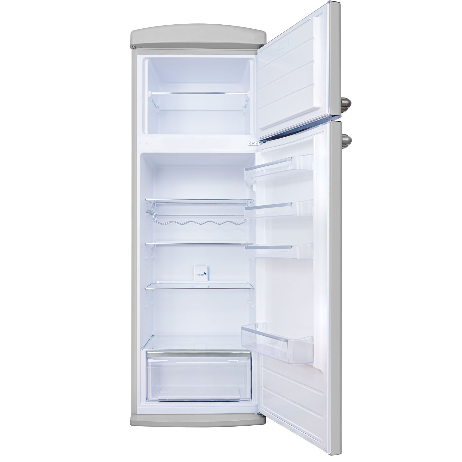 Refrigerador con la puerta abierta, con estantes y cajones dentro. Exterior gris, interior blanco.