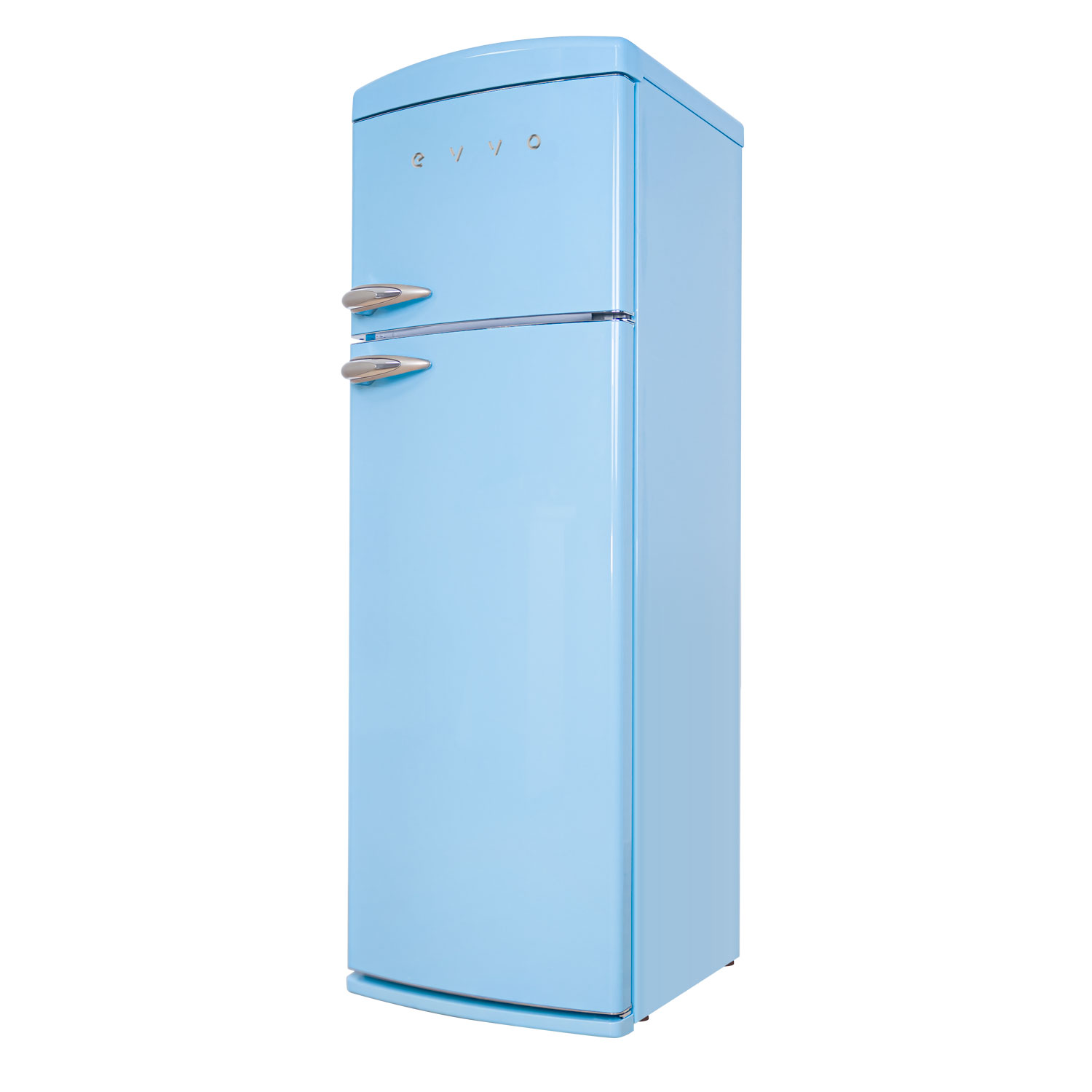 Refrigerador retro azul claro. Manijas plateadas. Fondo blanco.