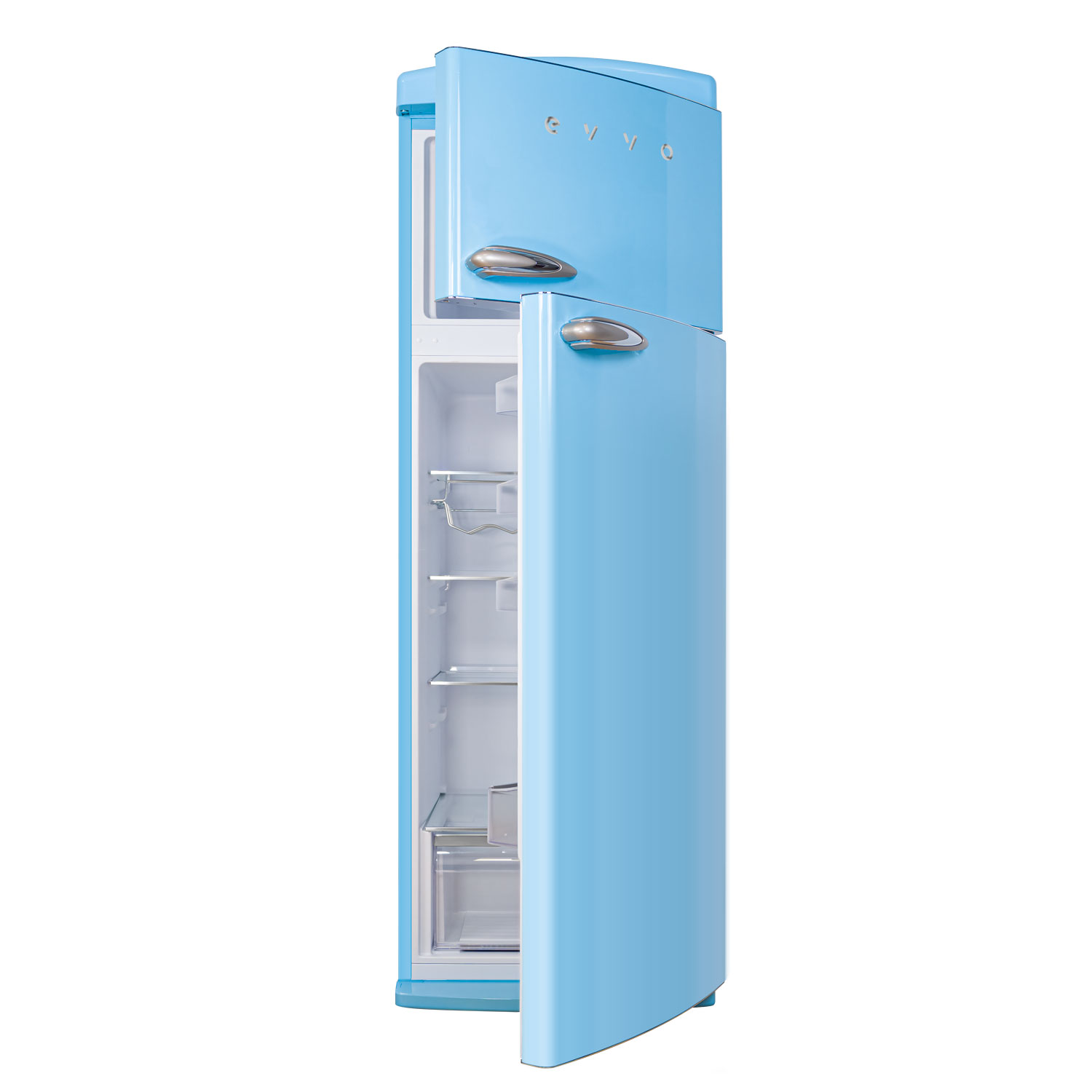 Un refrigerador retro azul claro con una puerta abierta, sobre fondo blanco.