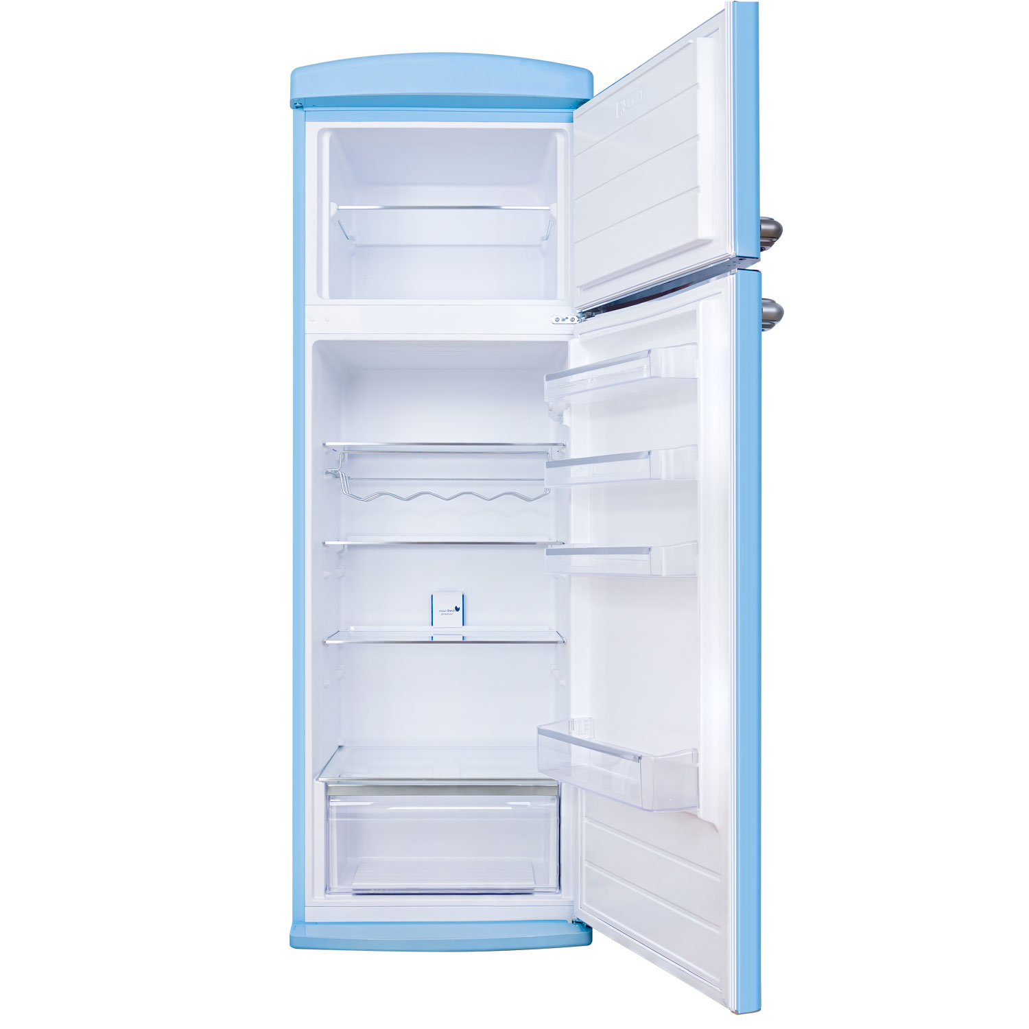 Refrigerador azul y blanco con puertas abiertas. Fondo blanco.