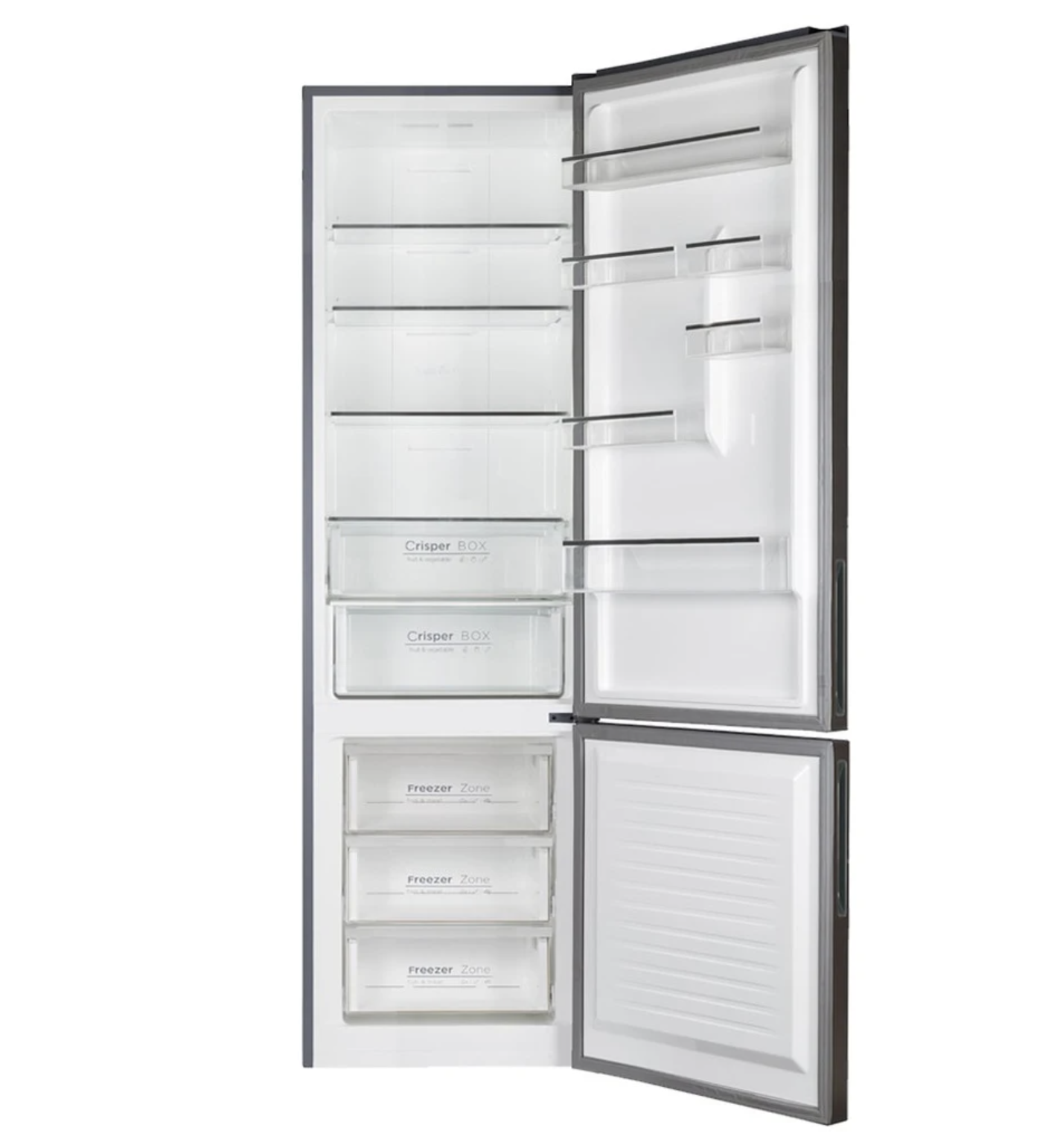 Refrigerador con puertas abiertas, mostrando estantes, cajones y detalles internos.