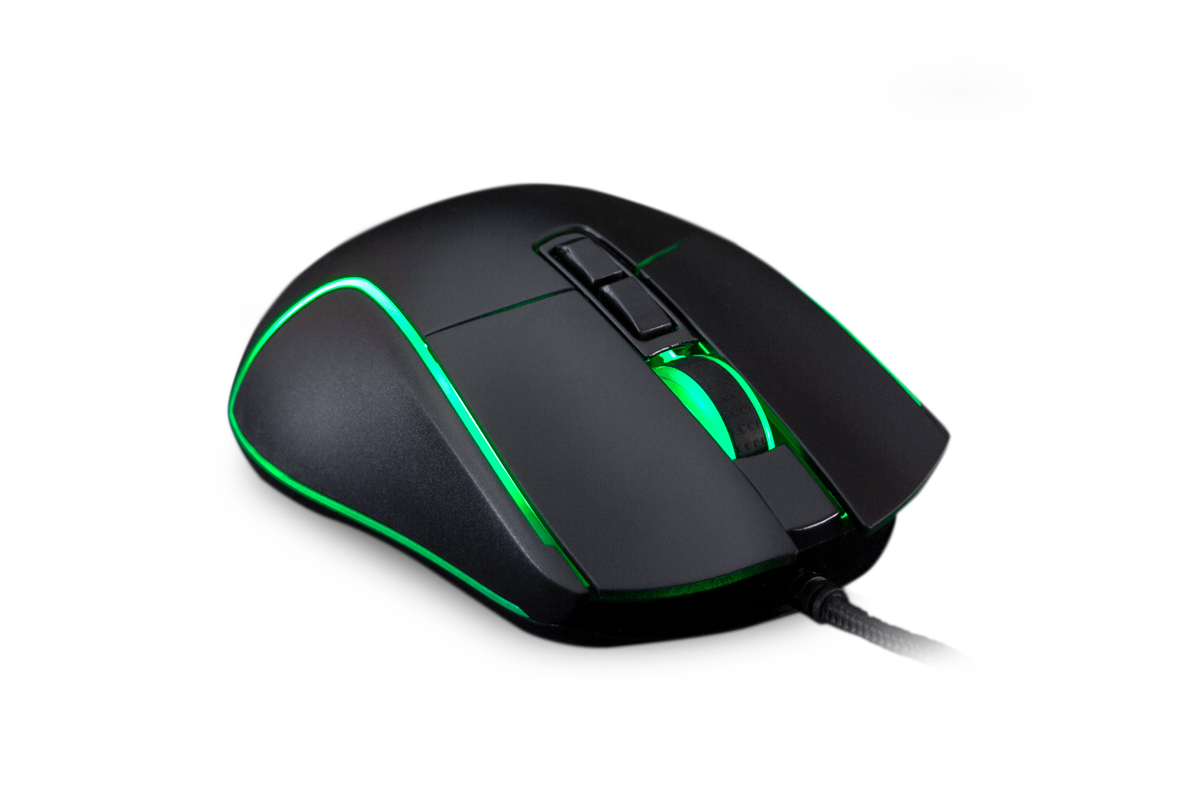 Un mouse da gioco nero con accenti LED verdi e due pulsanti, isolato su bianco.