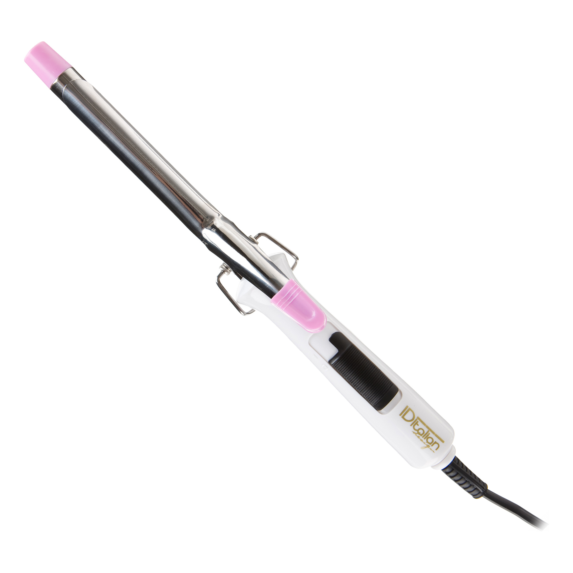 A white and silver curling iron with a pink tip and black cord. The handle is white.