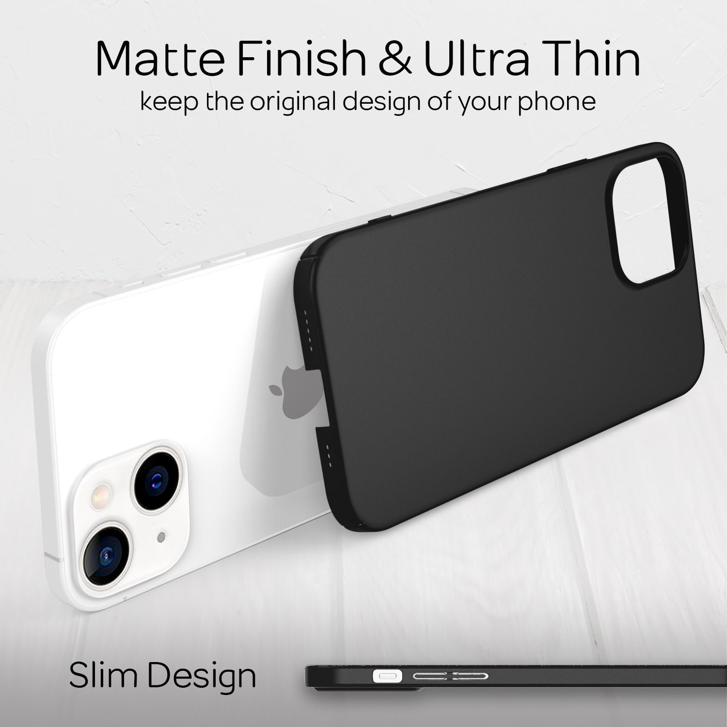 Dos teléfonos, uno blanco y otro negro, con una funda protectora sobre un teléfono. Visibles las palabras 'Acabado Mate'.