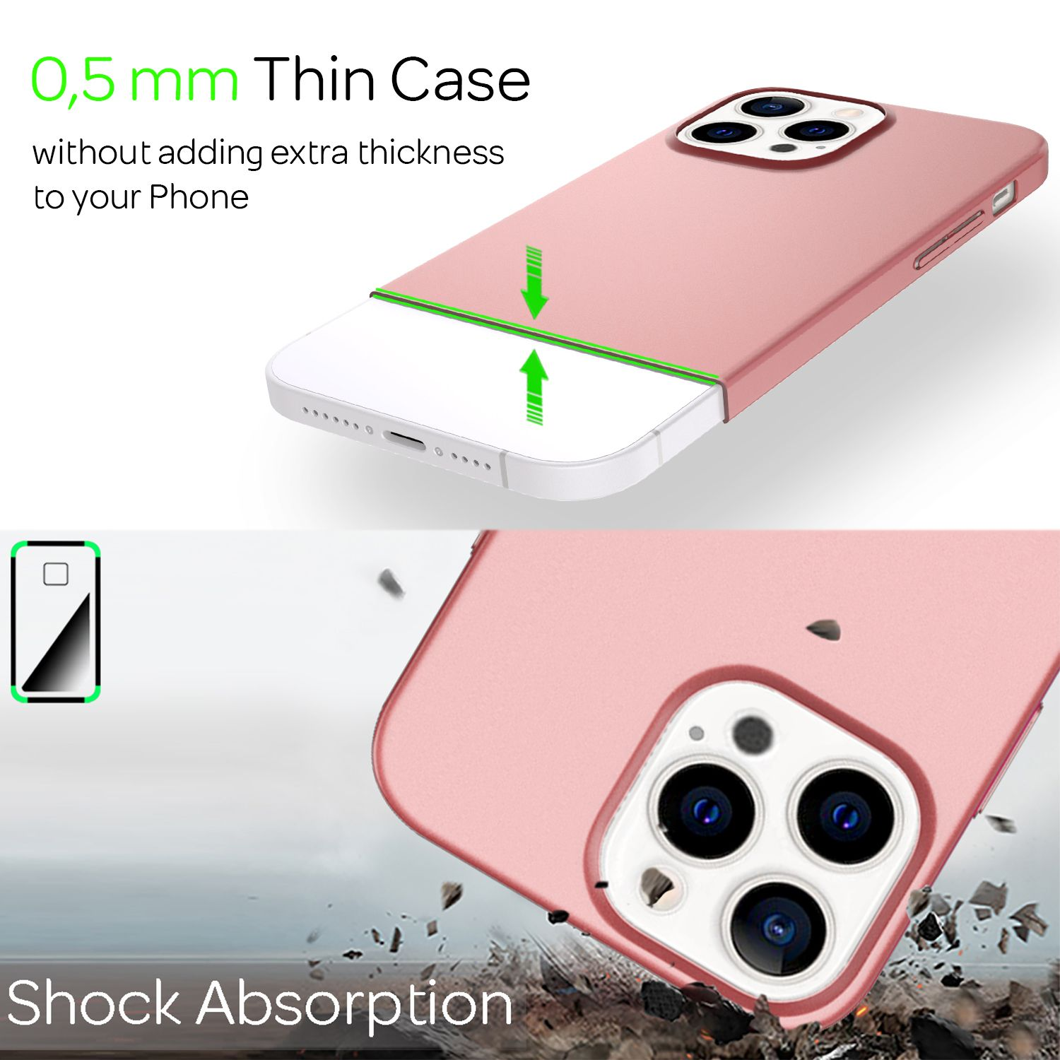 Funda rosa para teléfono sobre teléfono blanco. Texto: 0.5mm Thin Case. Flechas indican ajuste y diagrama absorción impactos.