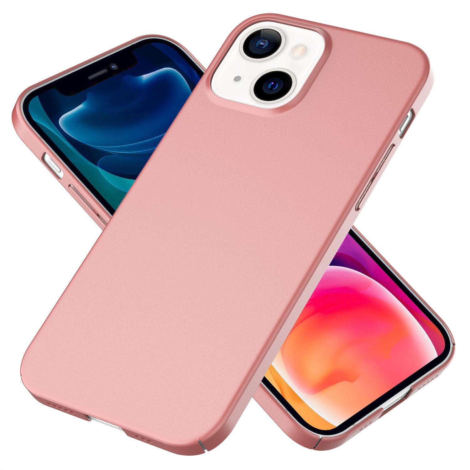 Dos teléfonos inteligentes en fundas rosas. Uno está en ángulo para mostrar la pantalla y las cámaras.
