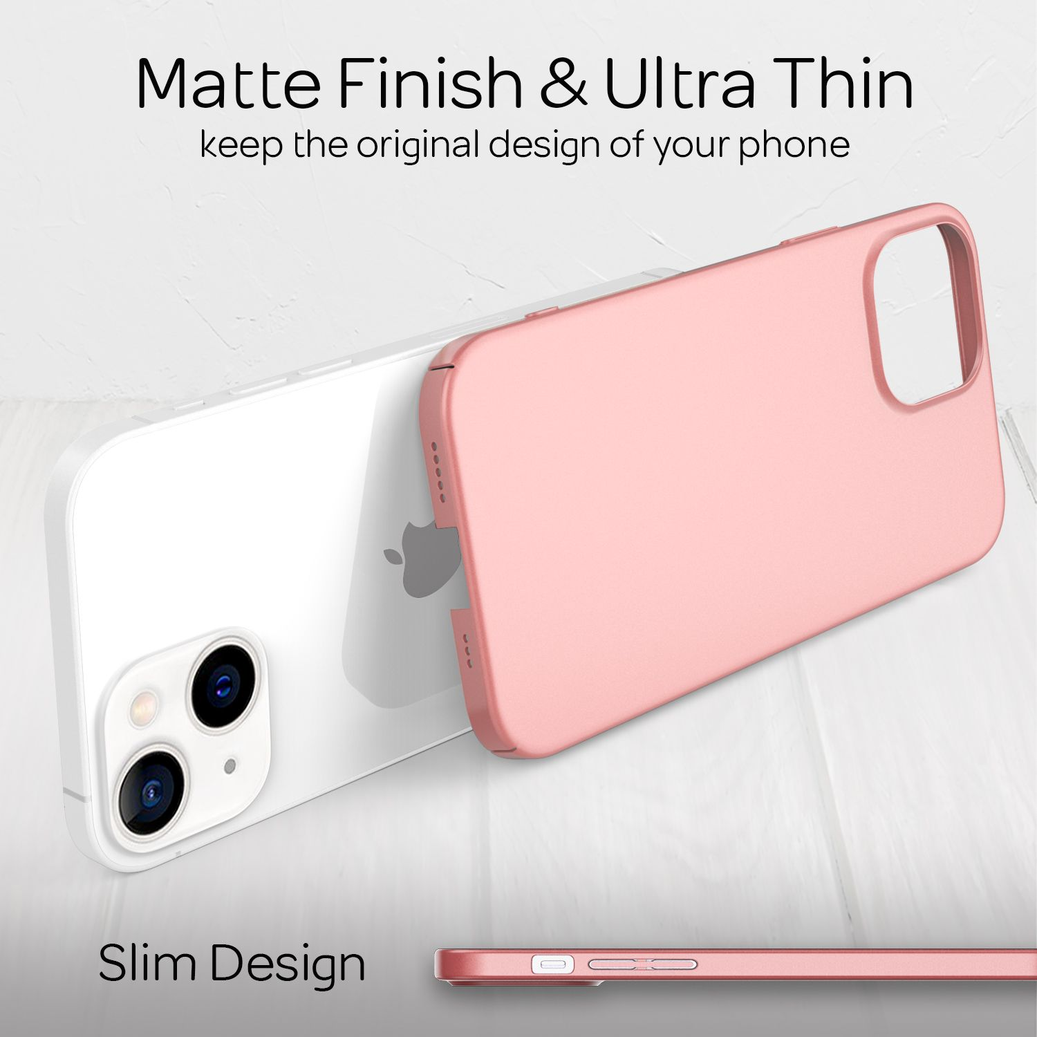 Funda rosa con teléfono blanco dentro. Texto: Acabado mate y ultra delgado.