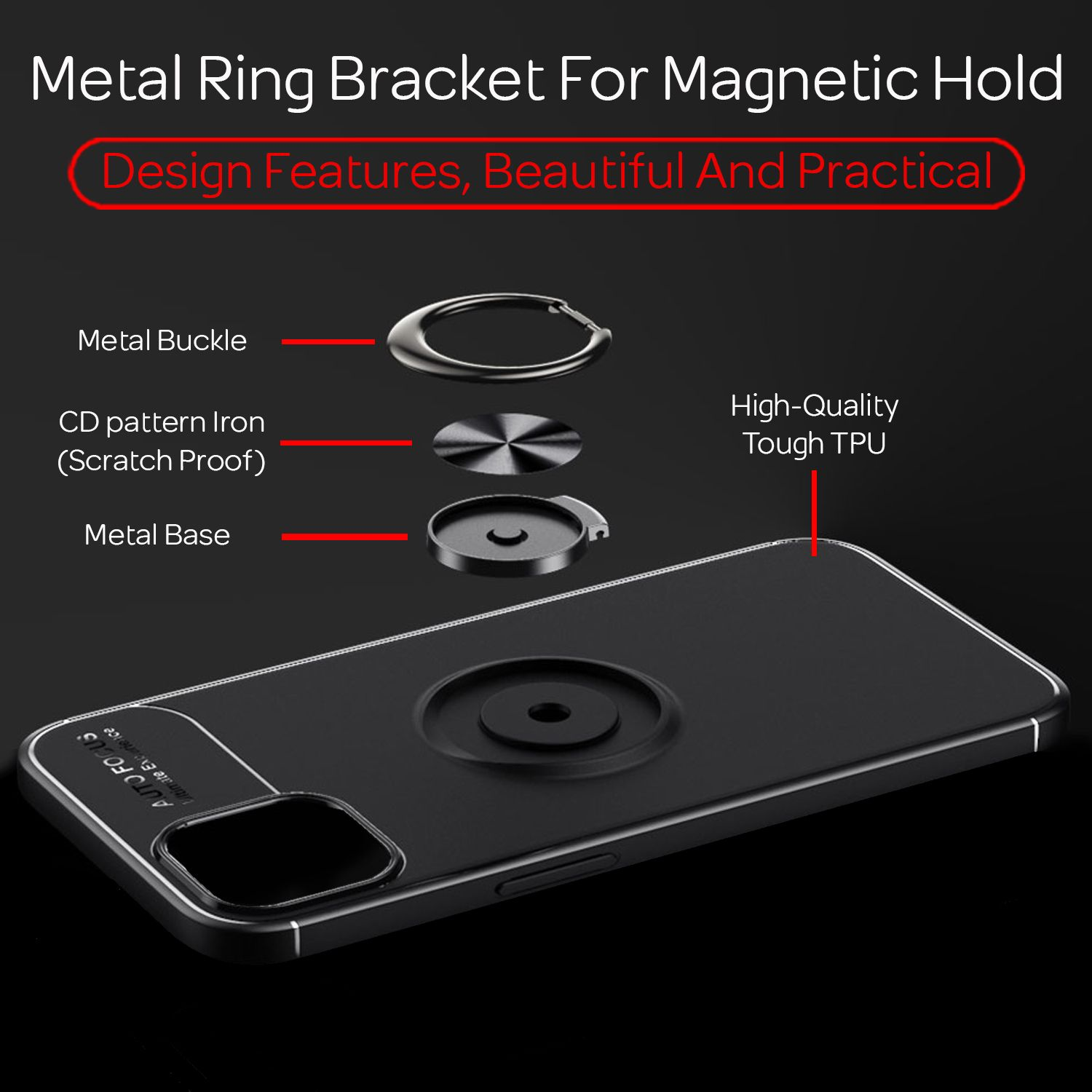 Una funda negra para teléfono con un soporte de anillo de metal, un hierro con patrón de CD y una base de metal.