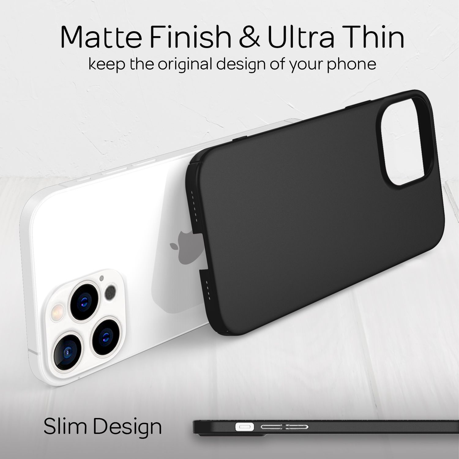 Funda negra para teléfono en un teléfono blanco. Muestra el diseño del teléfono en el otro lado.