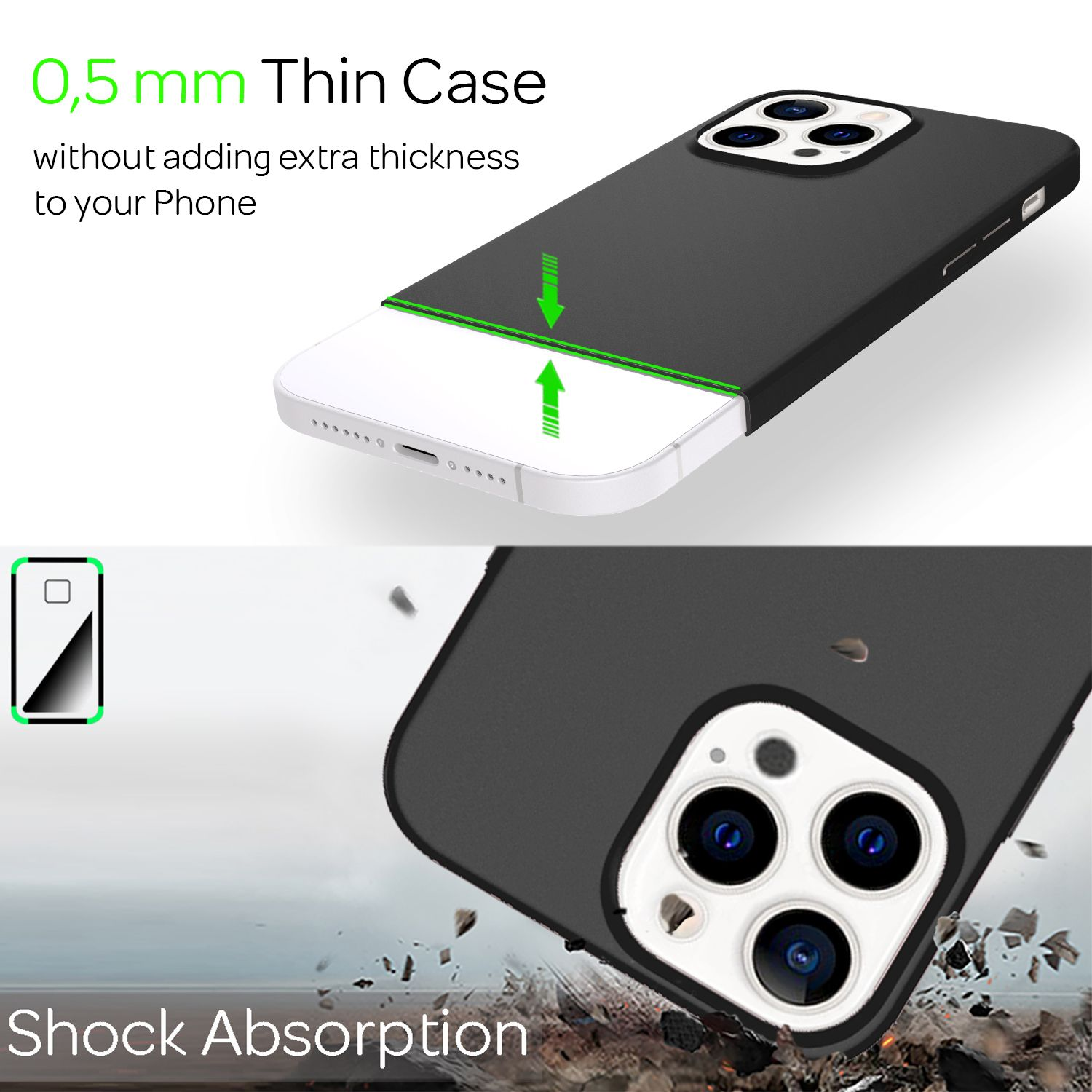 Funda negra para teléfono en teléfono blanco, con flechas verdes. Texto: Funda fina de 0,5 mm.