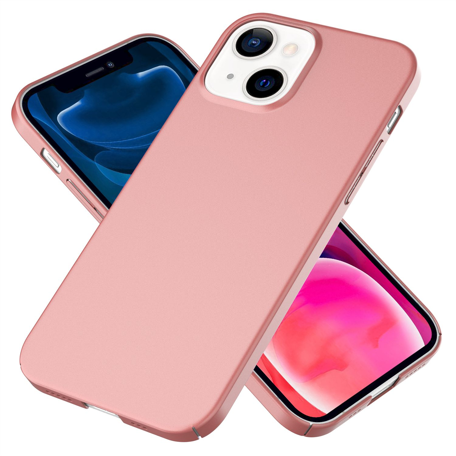 Dos fundas de iPhone de color rosa, una en ángulo sobre la otra. La funda superior cubre el teléfono, la otra muestra una pantalla.
