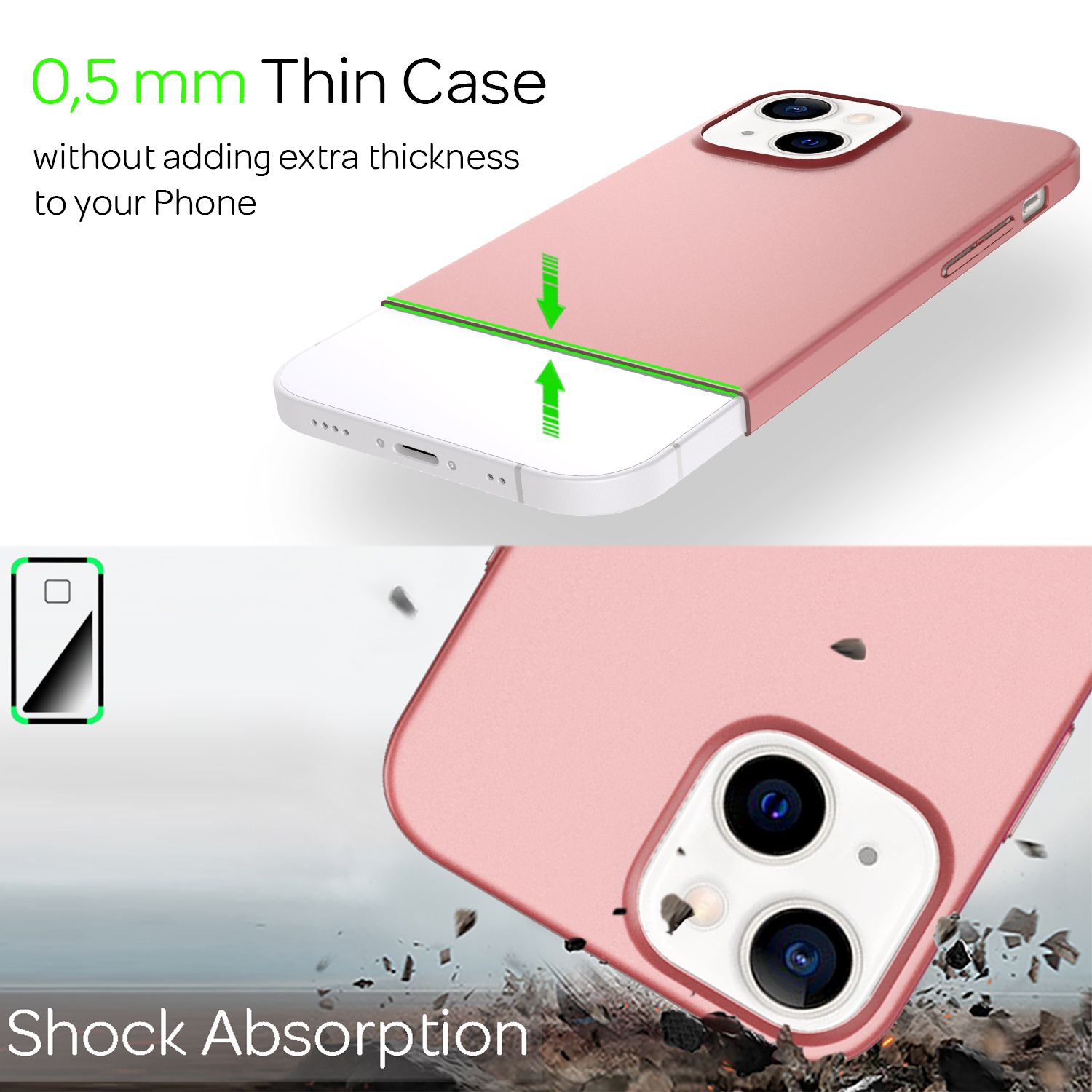 Funda rosa para teléfono con un teléfono blanco dentro. El texto indica delgadez y capacidad de absorción de impactos.