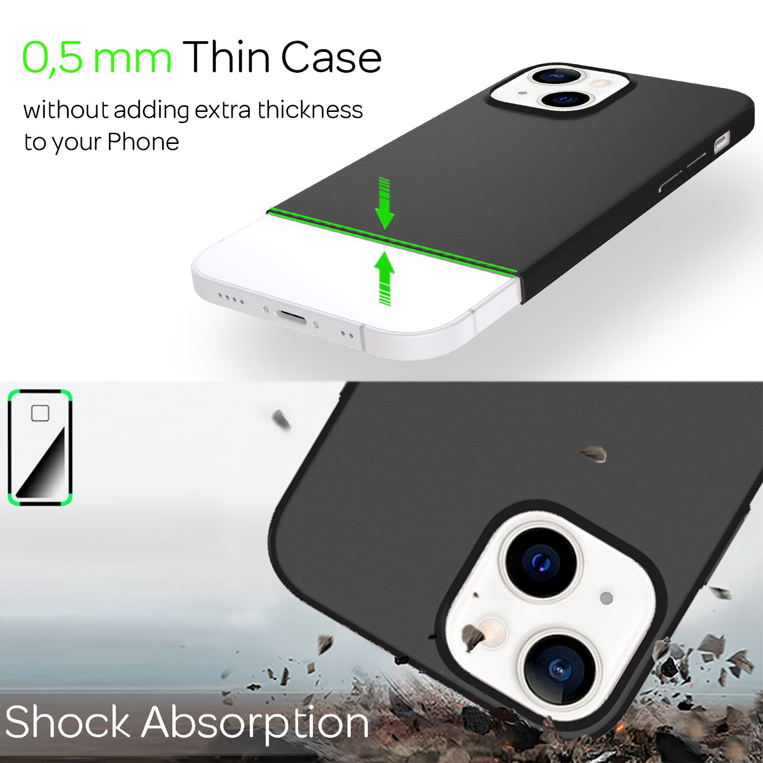 Funda negra para teléfono con teléfono blanco, mostrando absorción de impactos y diseño delgado.