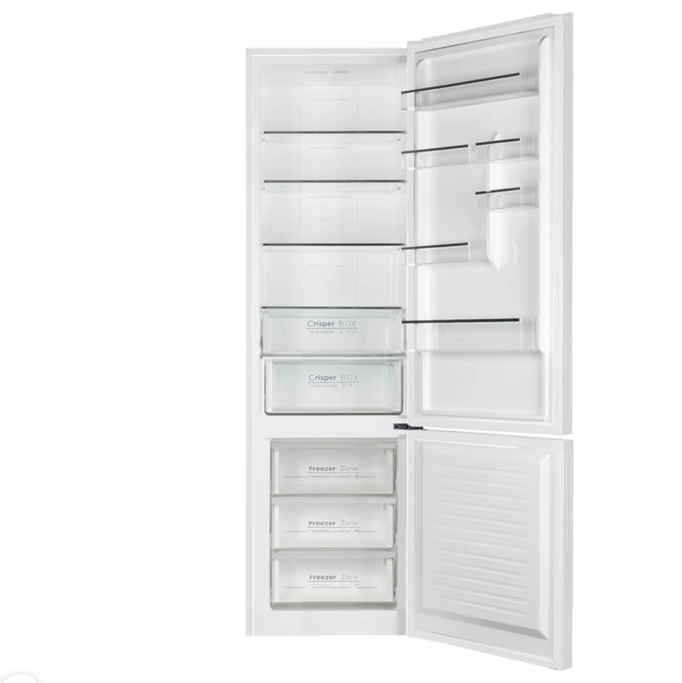 Refrigerador blanco con puertas abiertas, mostrando el interior con estantes, cajones y compartimentos.