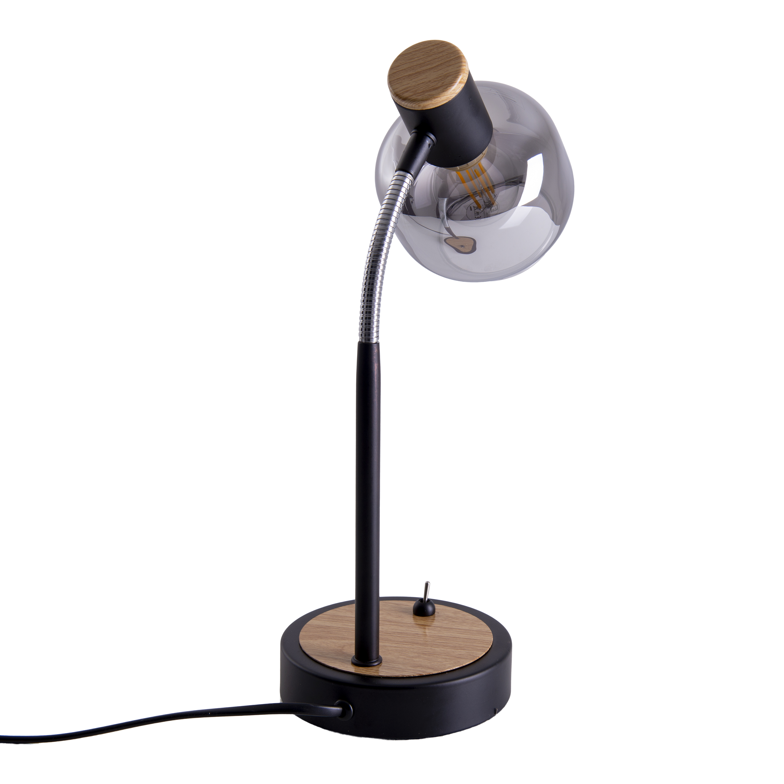 Schwarze Schreibtischlampe mit Holzsockel und Glasschirm. Weißer Hintergrund.