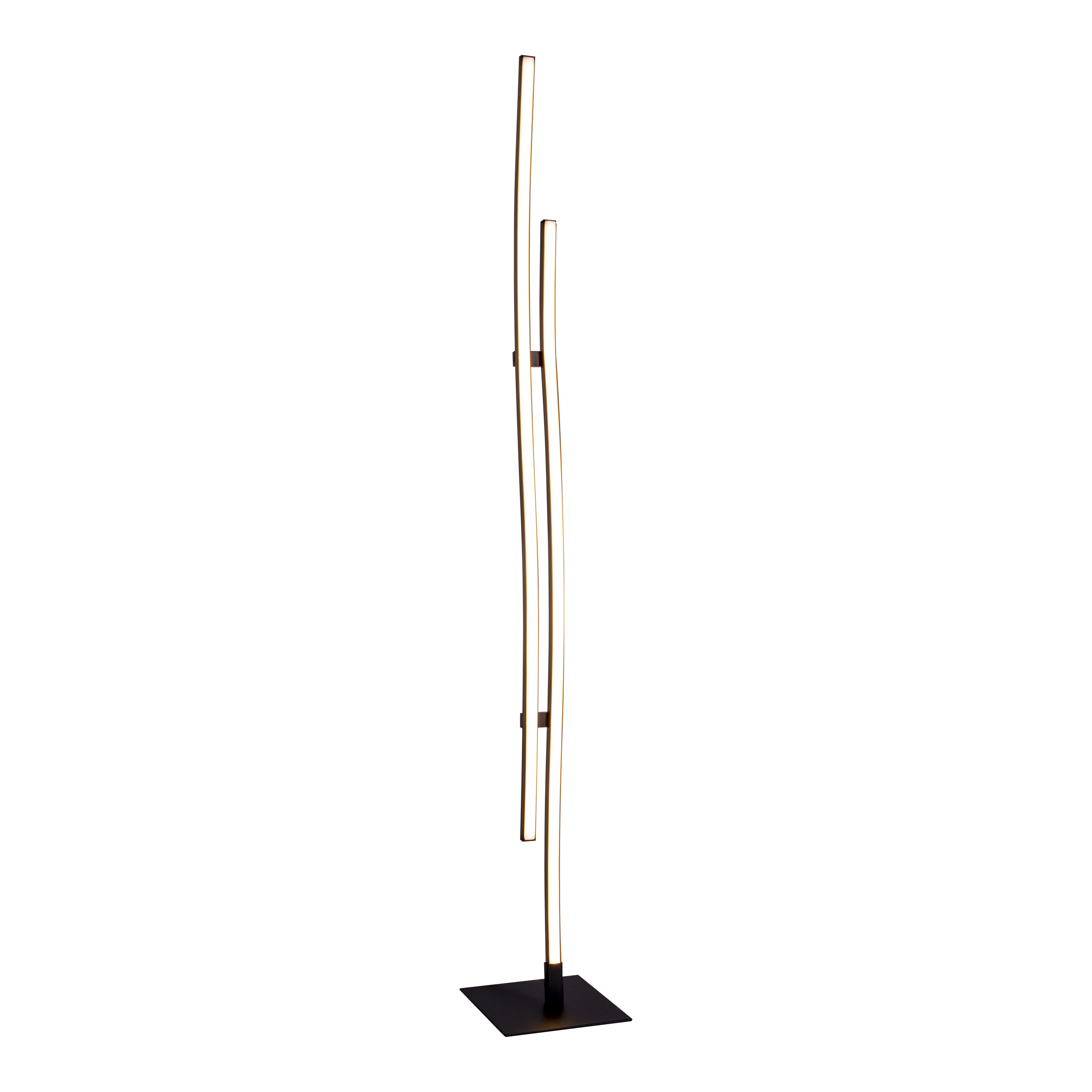 Moderne Stehlampe. Hoch, mit drei vertikalen Lichtbalken. Schwarzer Sockel und Rahmen. Weißer Hintergrund.