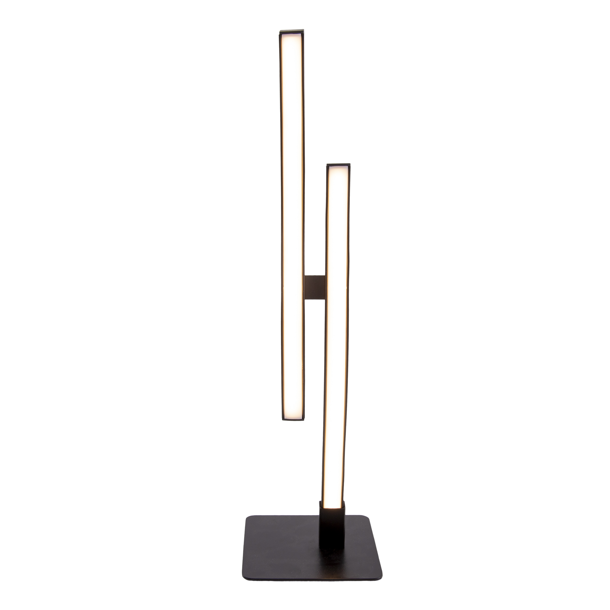 Moderne Lampe mit zwei vertikalen Lichtleisten auf schwarzer Basis.