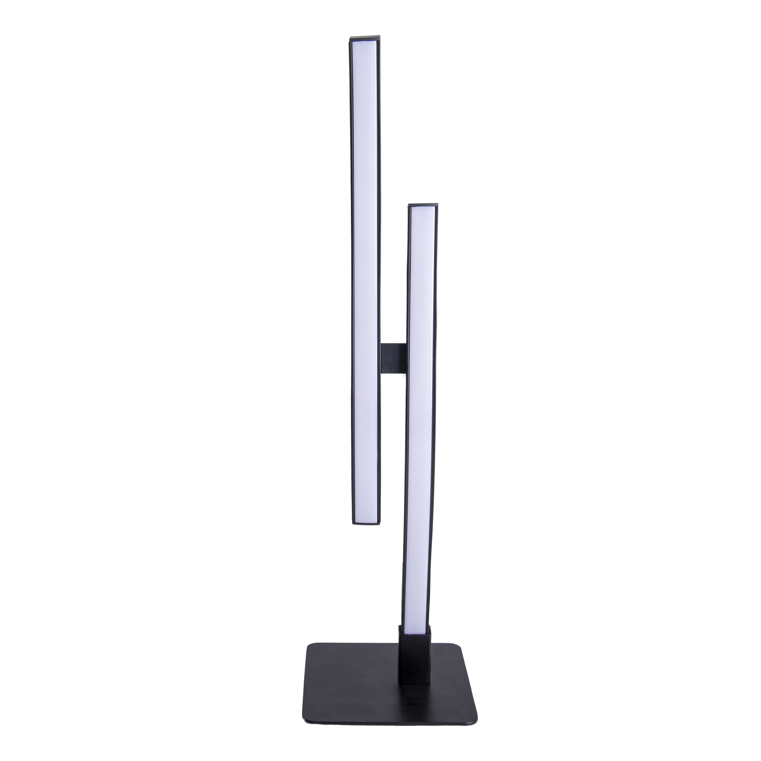Ein moderner, vertikaler Computermonitor mit weißen Lichtleisten auf einem schwarzen Ständer, vor weißem Hintergrund.