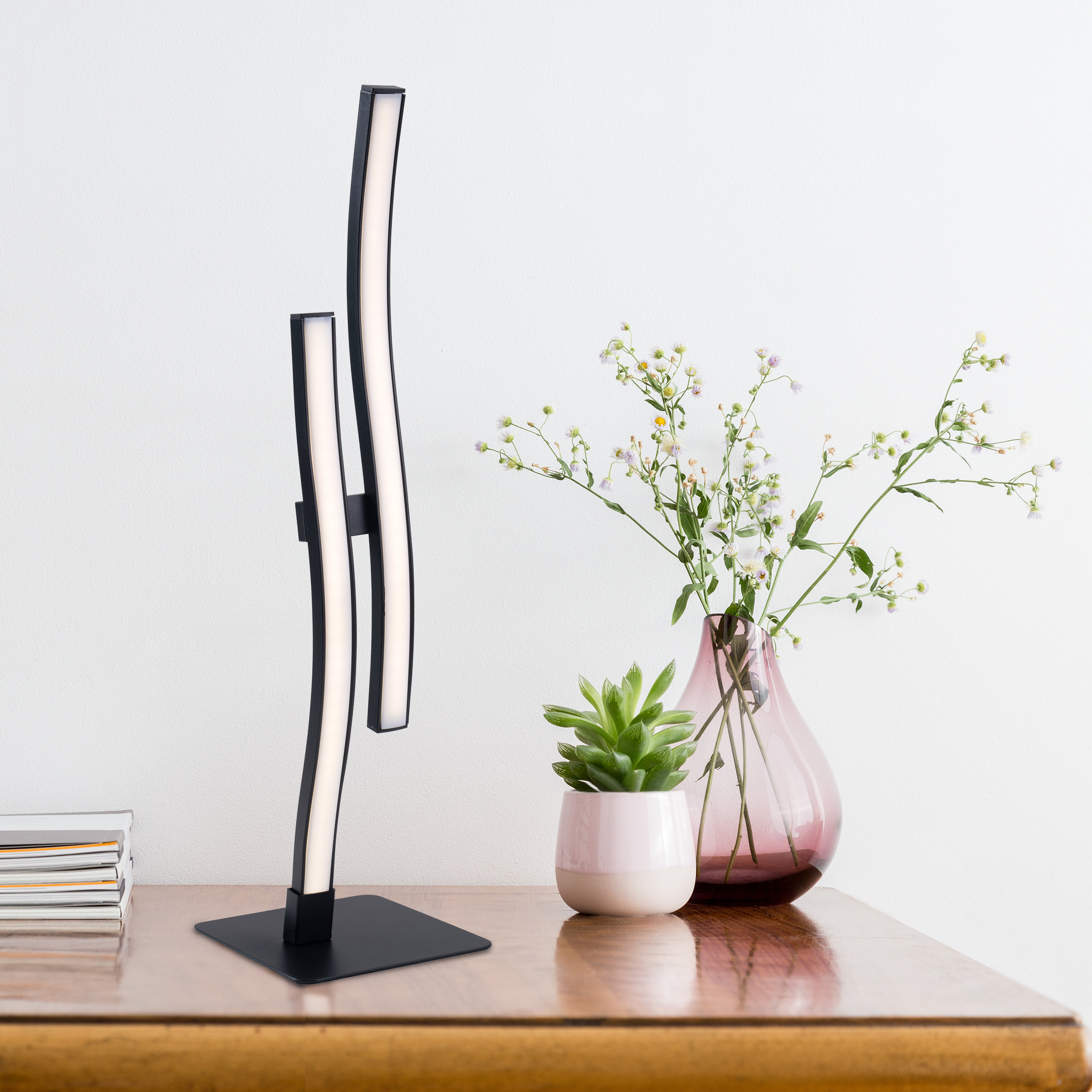 Schwarze moderne Lampe mit zwei gebogenen Lichtleisten, Blumen und einer kleinen Pflanze.
