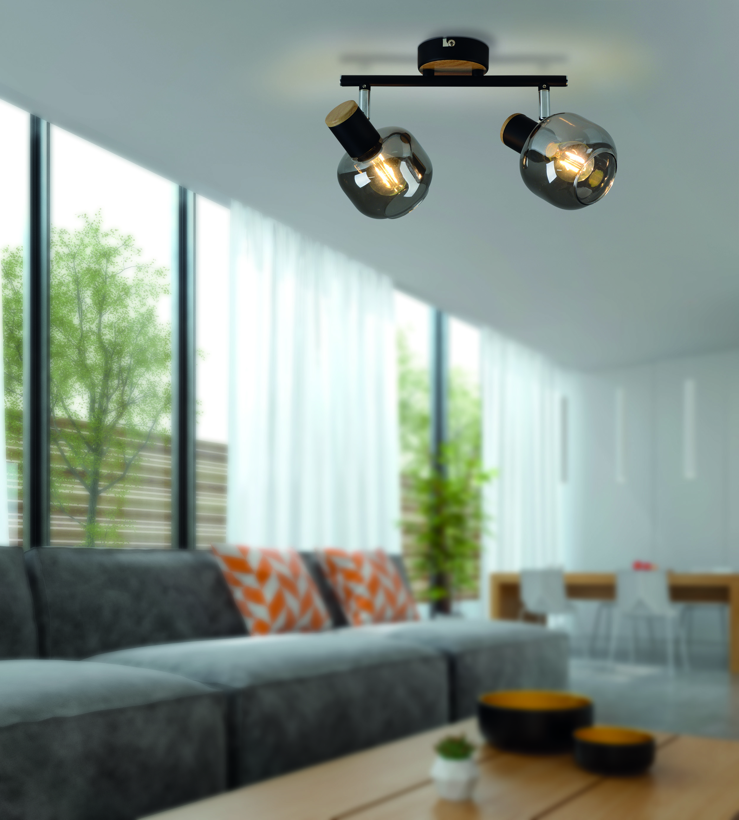Deckenleuchte mit zwei kugelförmigen Glasschirmen in einem modernen Wohnzimmer.
