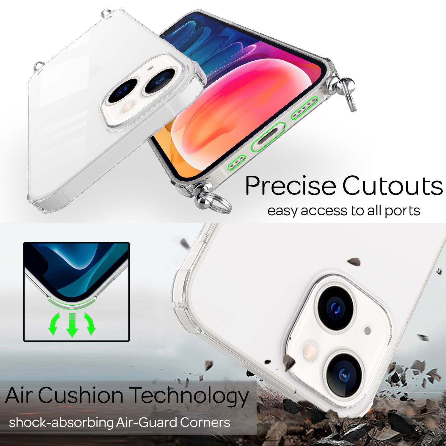 Custodia trasparente per telefono con un telefono dentro e un altro accanto. Il testo menziona la tecnologia Air Cushion.