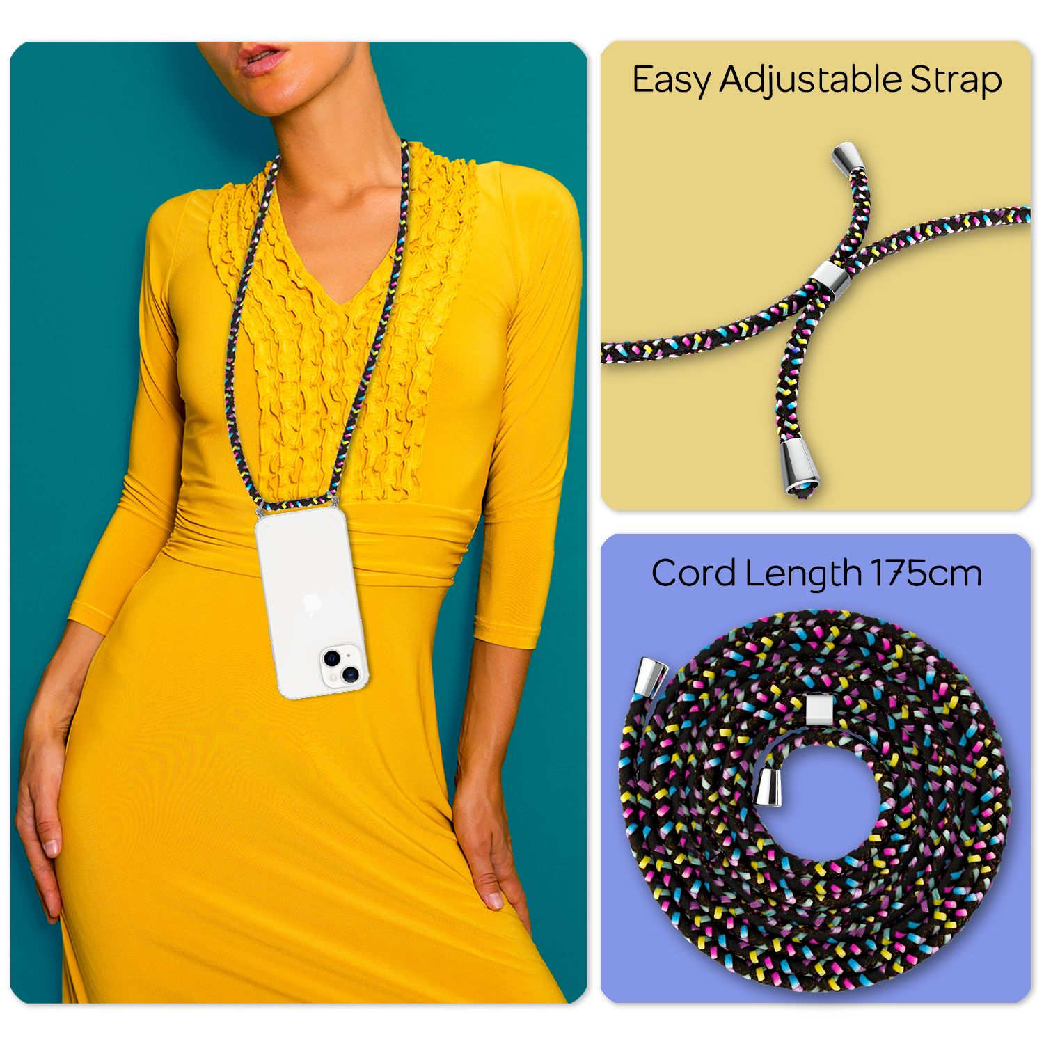 Mujer con vestido amarillo usando funda de teléfono con correa. Detalles de cordón.