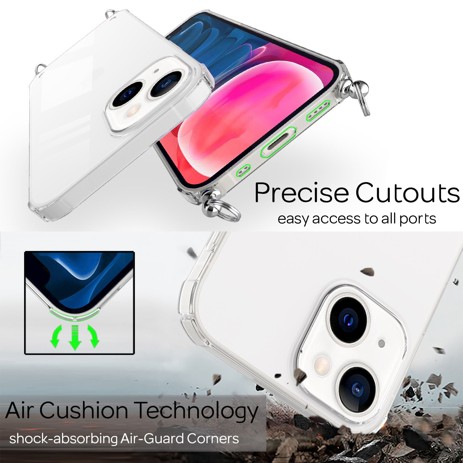Funda transparente con recortes. Muestra tecnología de colchón de aire y fácil acceso a puertos.