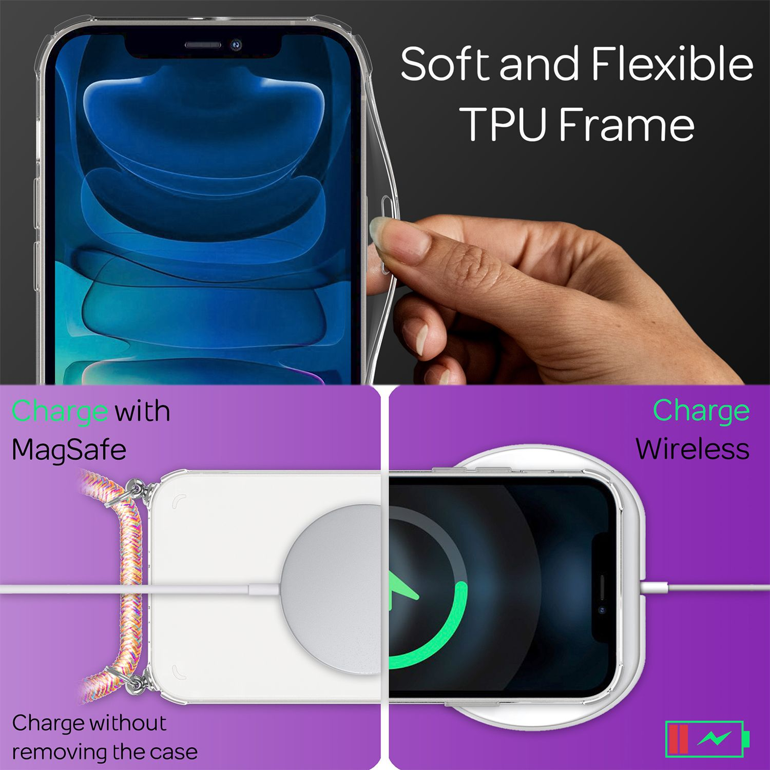 Teléfono en funda transparente, con detalles de carga y carga MagSafe. Fondo púrpura.