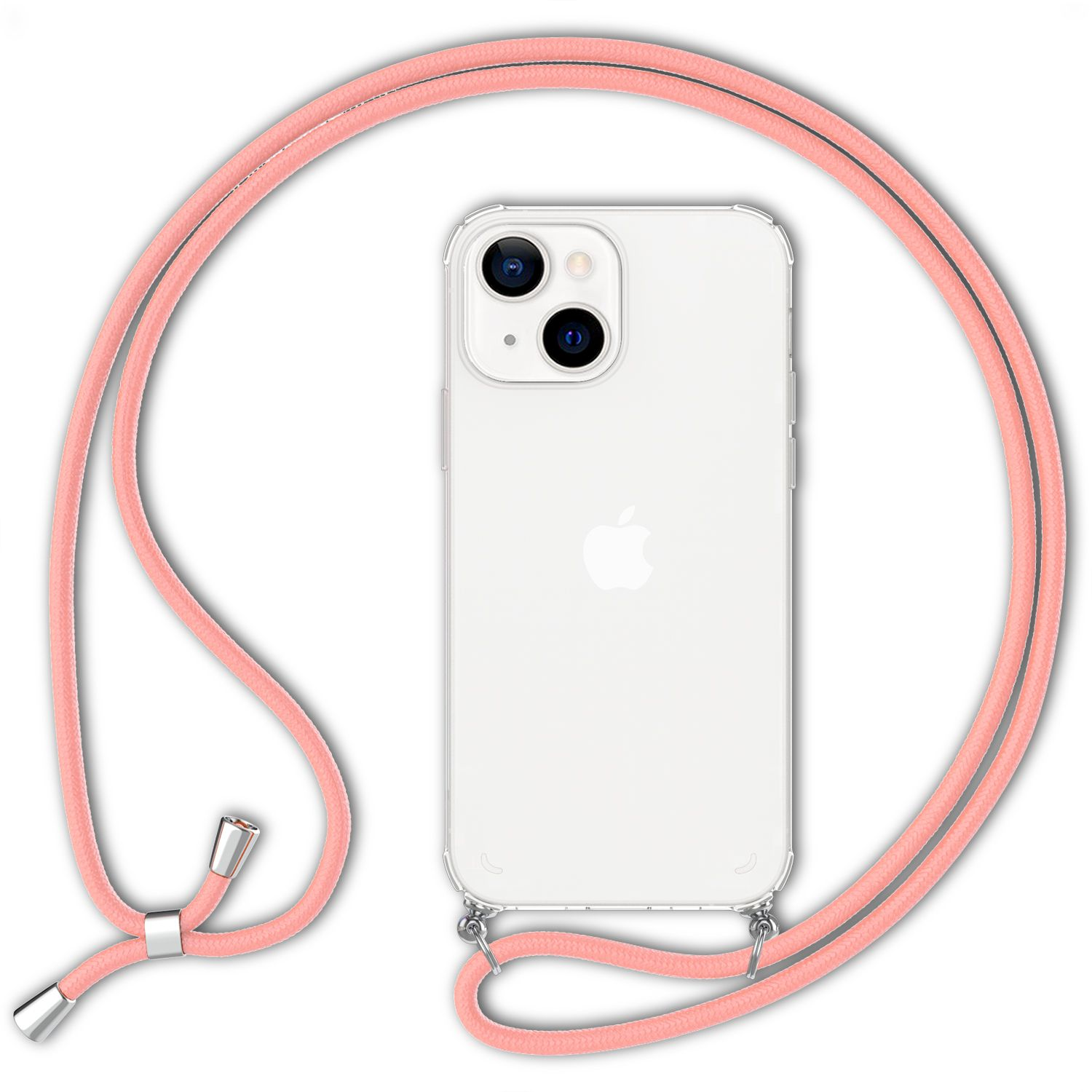 iPhone blanco con correa rosa. La correa está alrededor del teléfono.