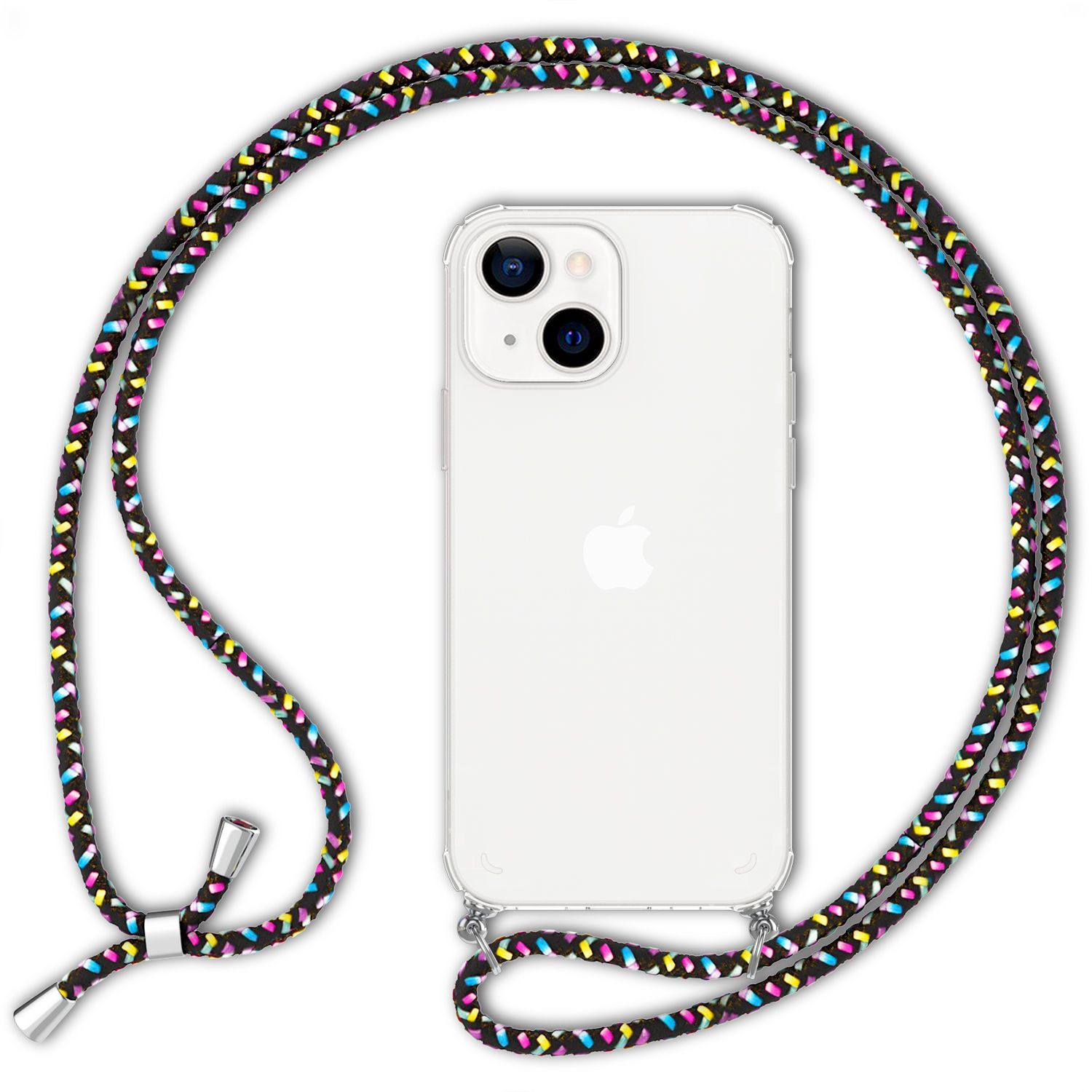 Funda transparente con cordón colorido y teléfono Apple.