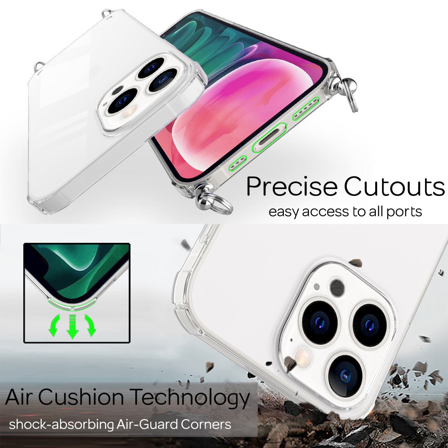 Custodia trasparente per telefono con telefono all'interno. Mostra le caratteristiche della custodia: ritagli precisi, tecnologia air cushion. Sfondo bianco.