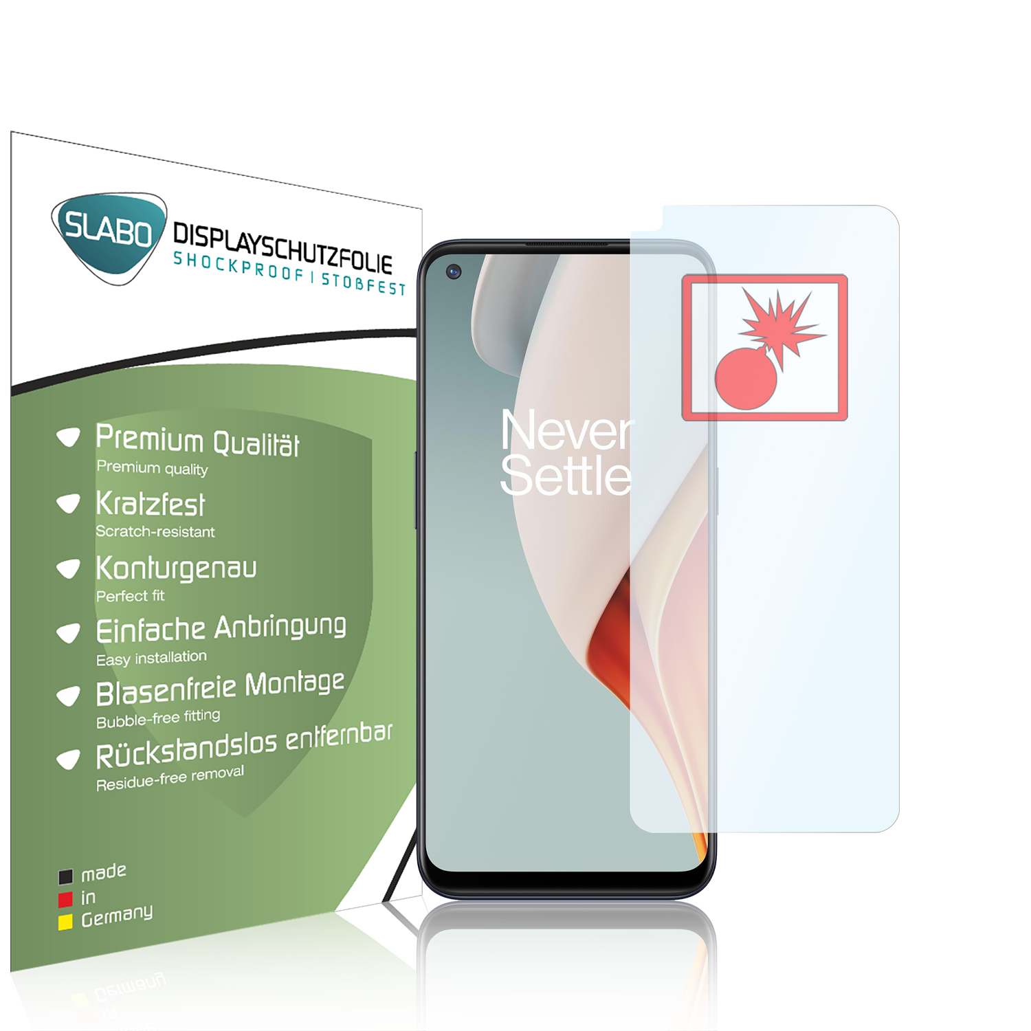 Telefon mit Displayschutz, Produktinformationen und rotem Spritzer.