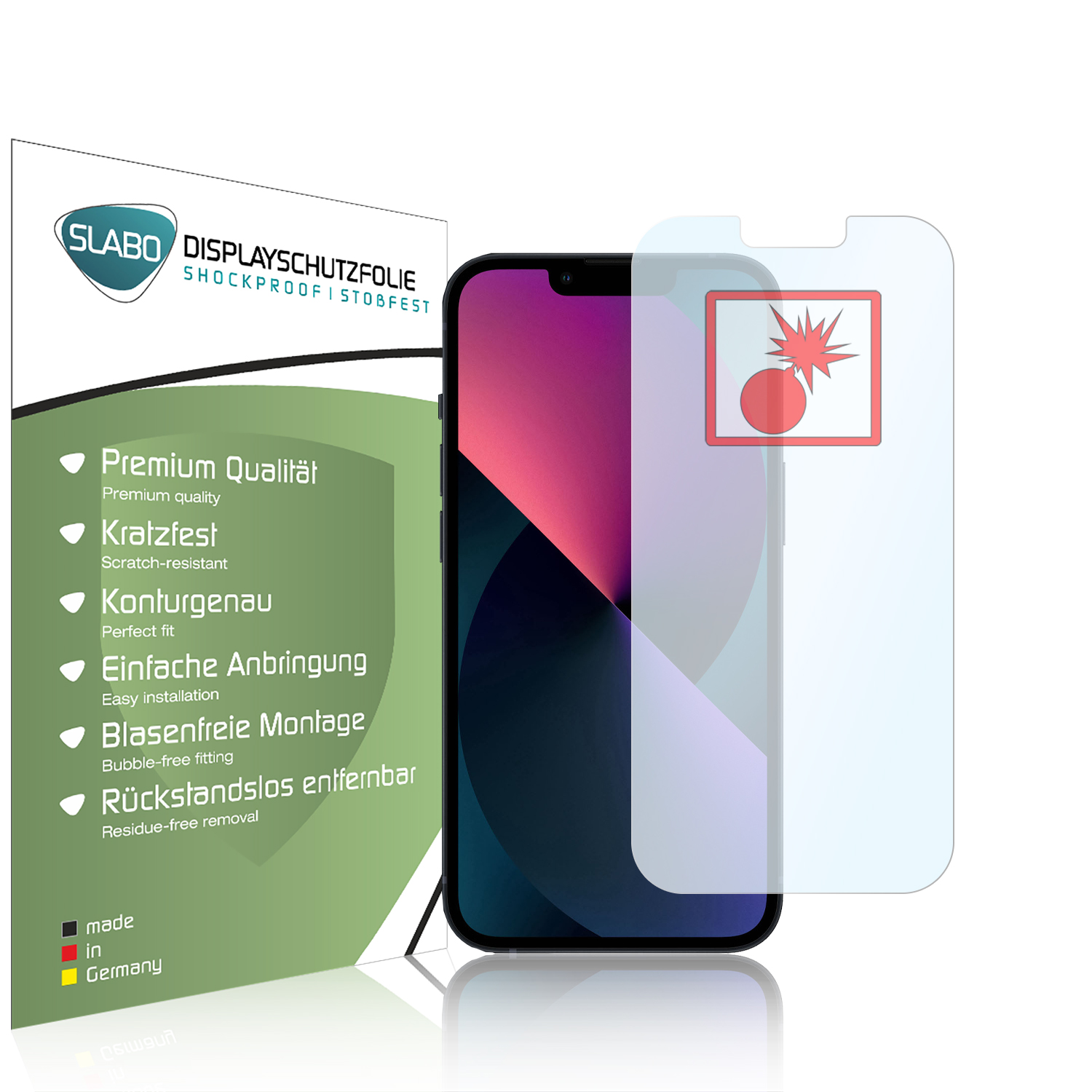 Ein Telefon mit Displayschutzfolie und einer Box. Die Box hat Premium-Qualität und ein Logo.
