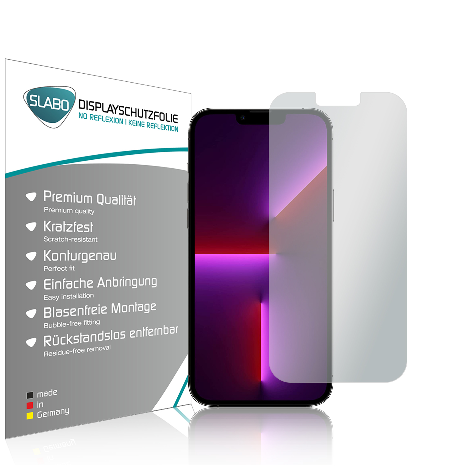 Smartphone mit Displayschutzfolie und Verpackung. Das Telefon zeigt einen bunten Hintergrund.