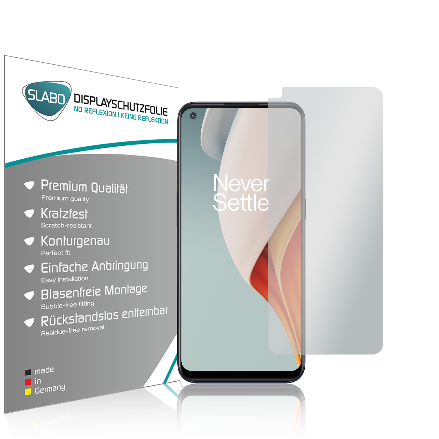 Ein Telefon mit Displayschutzfolie. Die Verpackung ist links, Telefon und Schutz rechts.